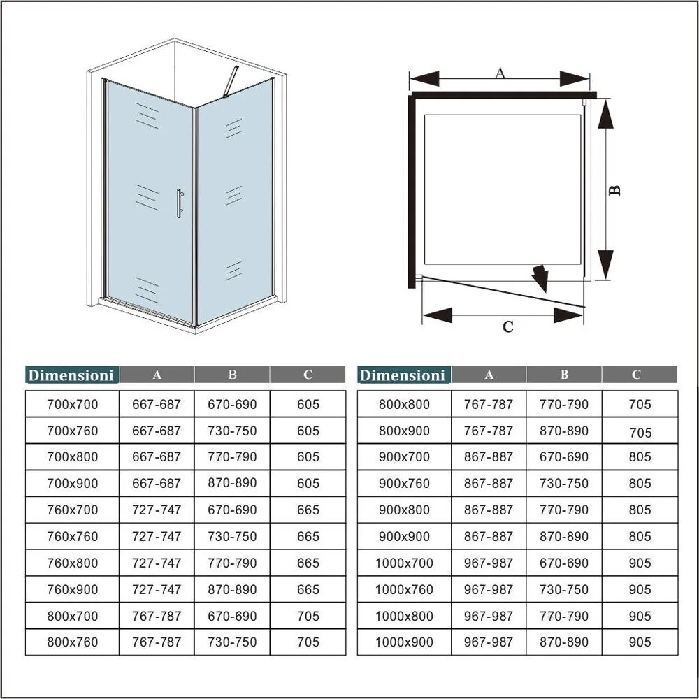 195 cm Box Doccia Angolare Porta Battente Più Parete Laterale Fissa Vetro 6mm Temperato Anticalcare Telaio e Barra Stabilizzatrice Cromato Lucido