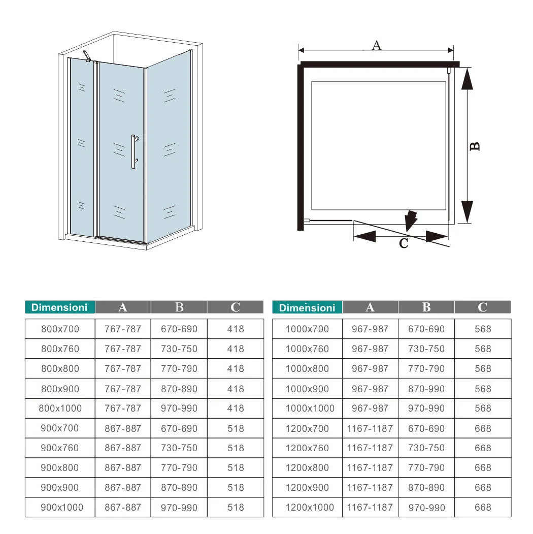 195cm Box Doccia Angolare Porta Battente con Parete Fissa in Vetro Temperato  6mm Anticalcare e 2 Barre Stabilizzatrici Telaio Cromo Lucido