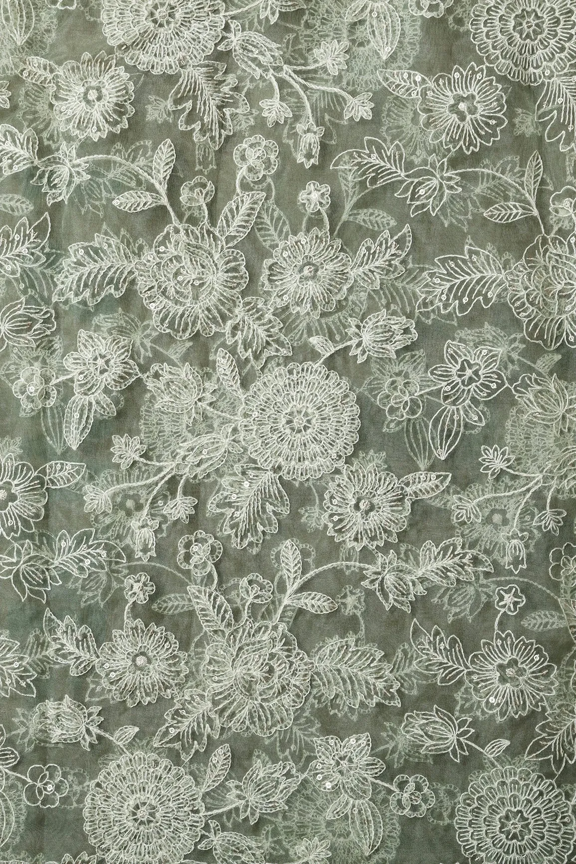 3 Meter Cut Piece Of White Thread With Gold Sequins Floral Embroidery On Olive Organza Fabric