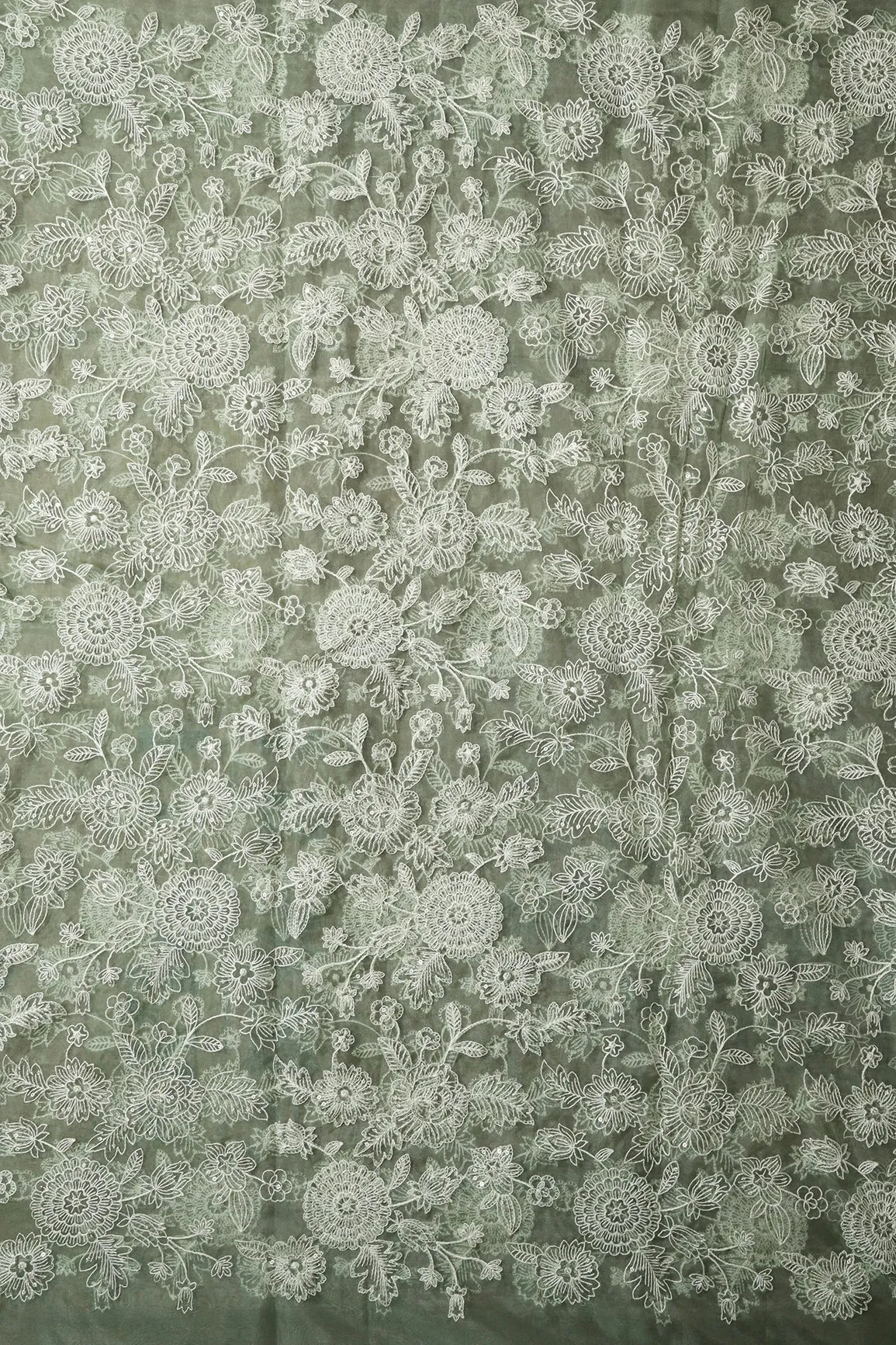 3 Meter Cut Piece Of White Thread With Gold Sequins Floral Embroidery On Olive Organza Fabric