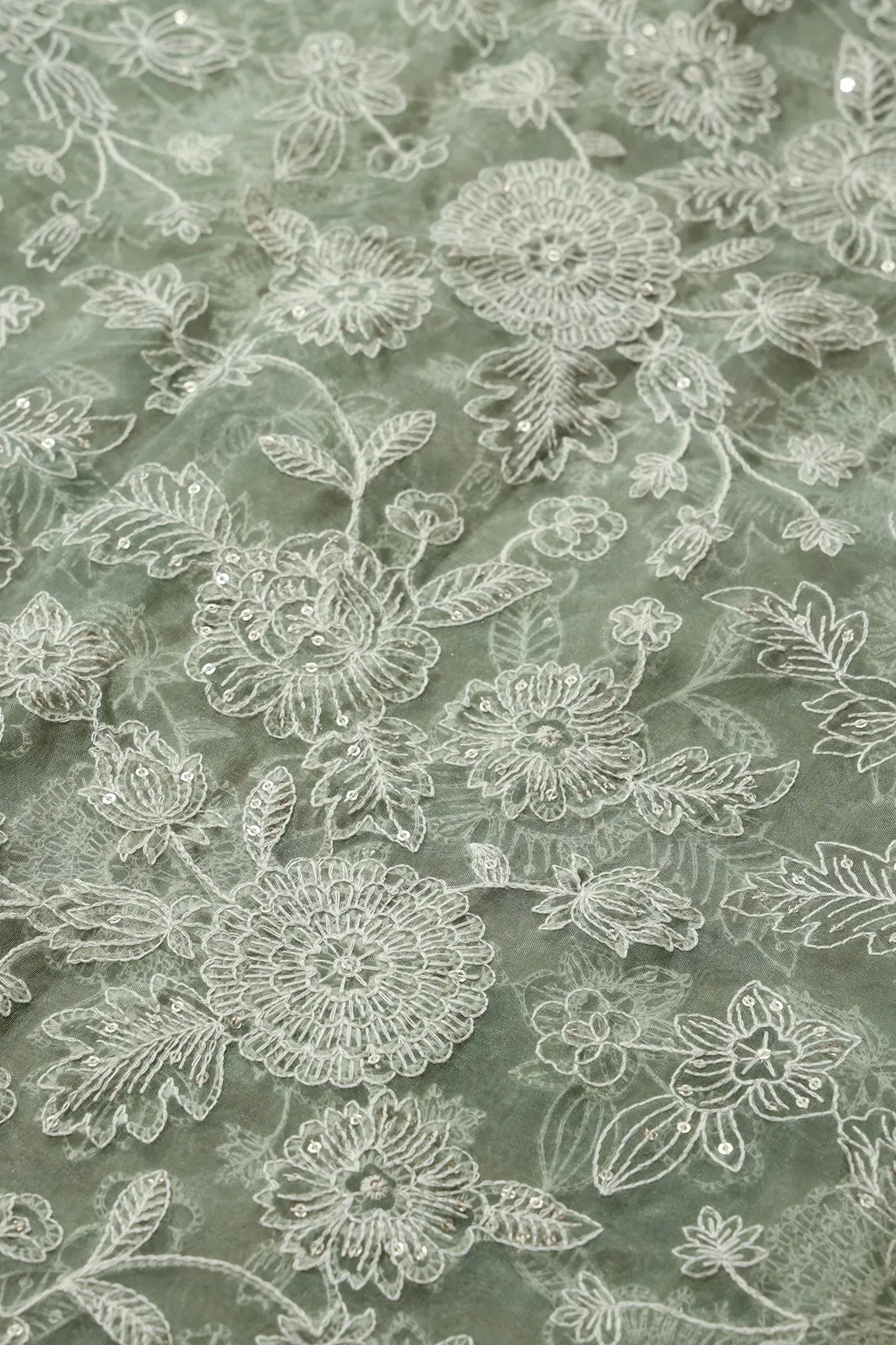 3 Meter Cut Piece Of White Thread With Gold Sequins Floral Embroidery On Olive Organza Fabric