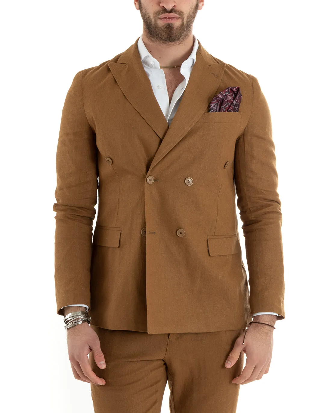 Abito Uomo Doppiopetto Completo Lino Sartoriale Giacca Pantaloni Tinta Unita Camel GIOSAL-OU2334A