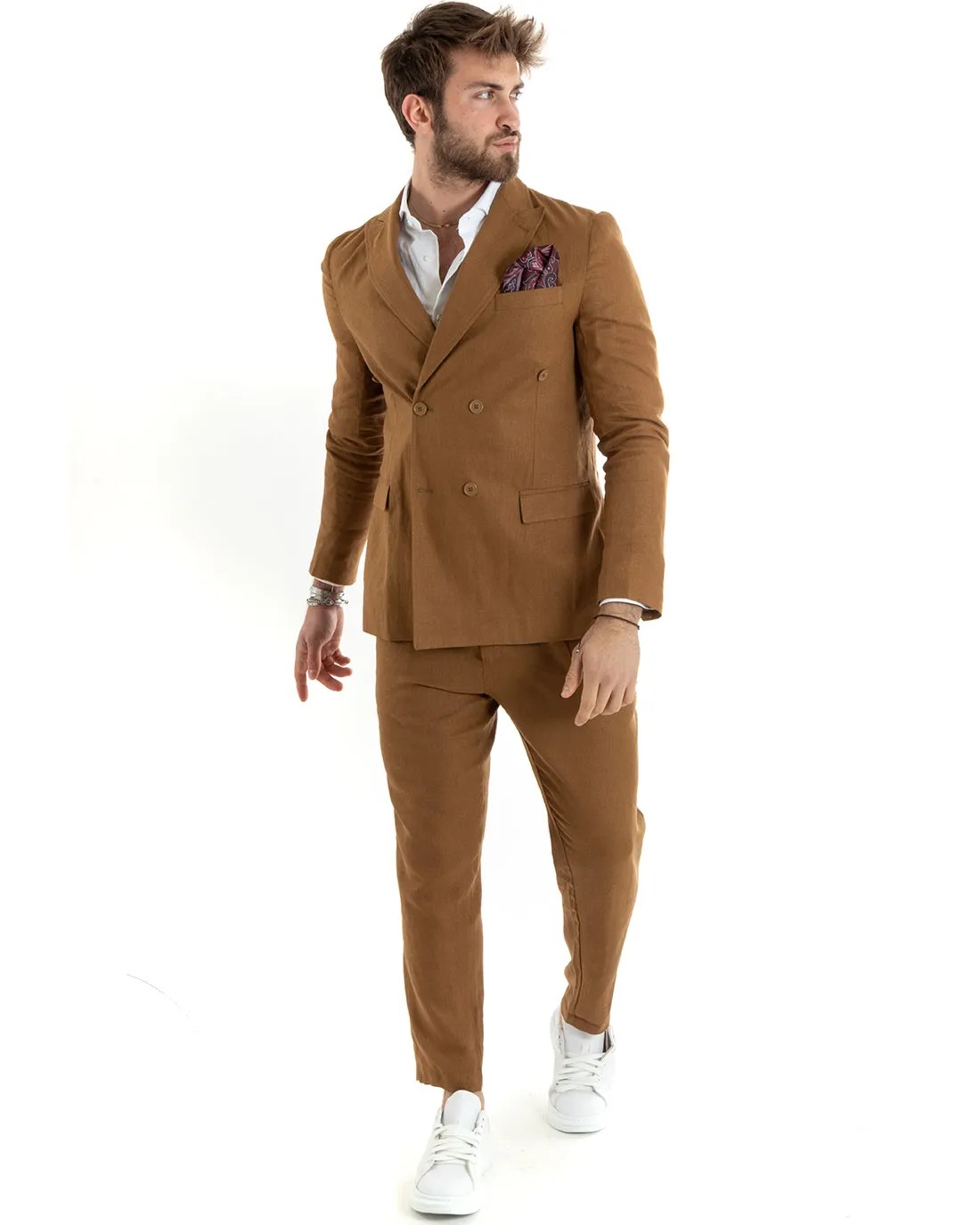 Abito Uomo Doppiopetto Completo Lino Sartoriale Giacca Pantaloni Tinta Unita Camel GIOSAL-OU2334A