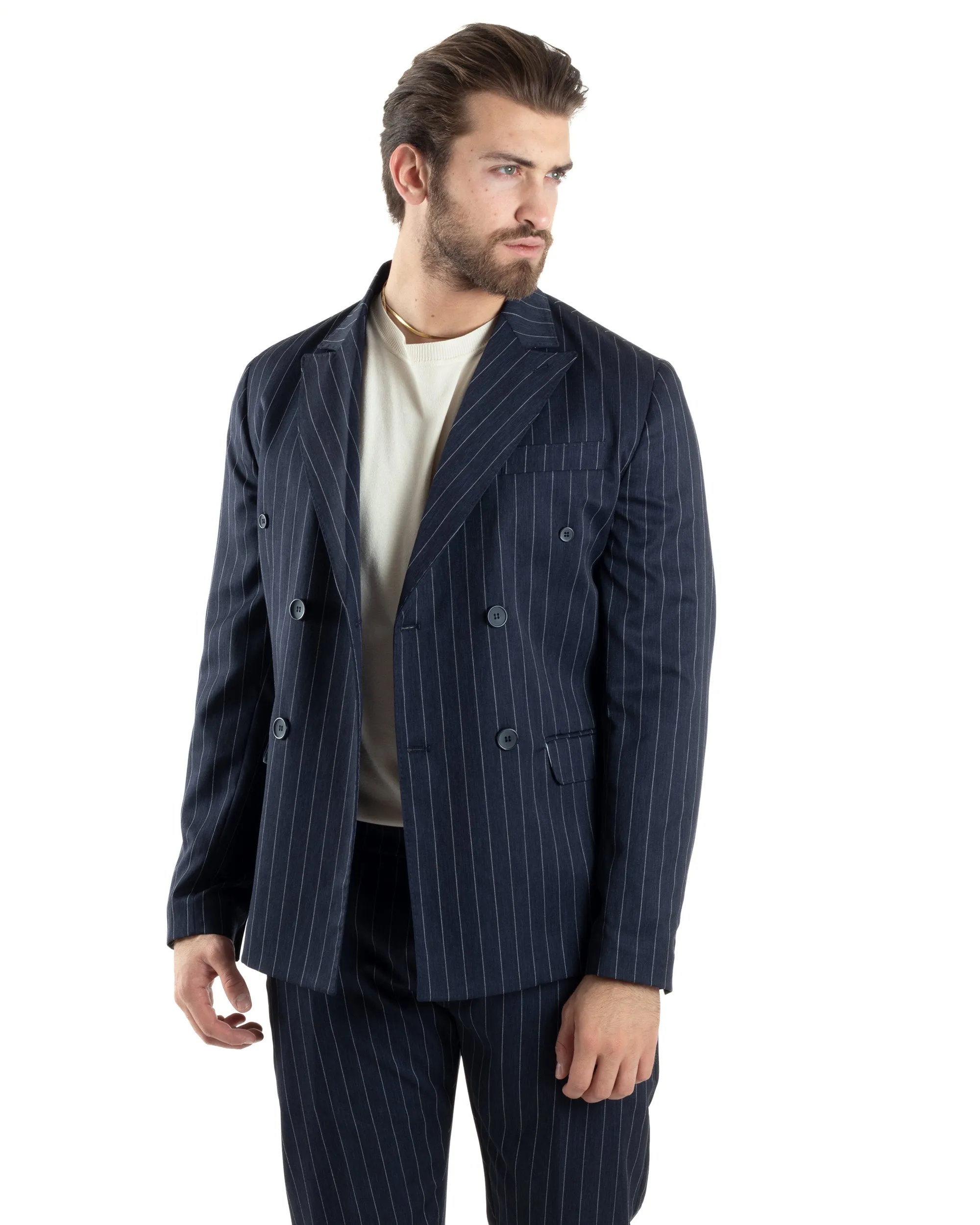 Abito Uomo Doppiopetto Vestito Completo Giacca Pantaloni Blu Gessato Elegante Casual GIOSAL-AE1053A