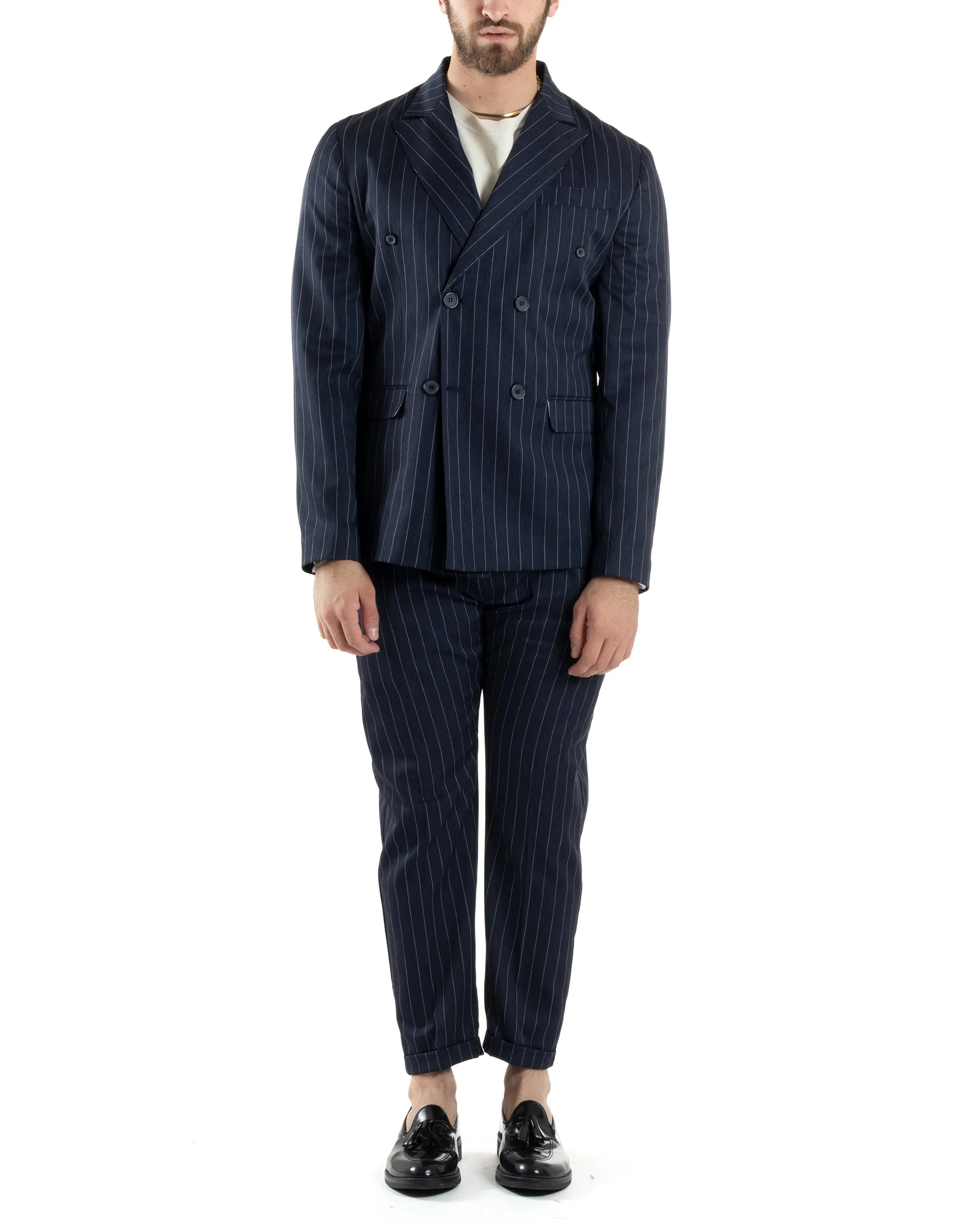 Abito Uomo Doppiopetto Vestito Completo Giacca Pantaloni Blu Gessato Elegante Casual GIOSAL-AE1053A