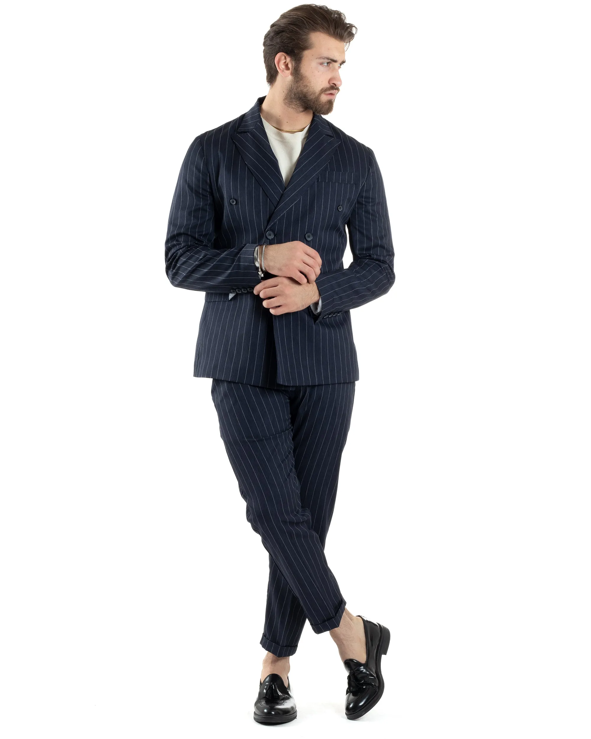 Abito Uomo Doppiopetto Vestito Completo Giacca Pantaloni Blu Gessato Elegante Casual GIOSAL-AE1053A