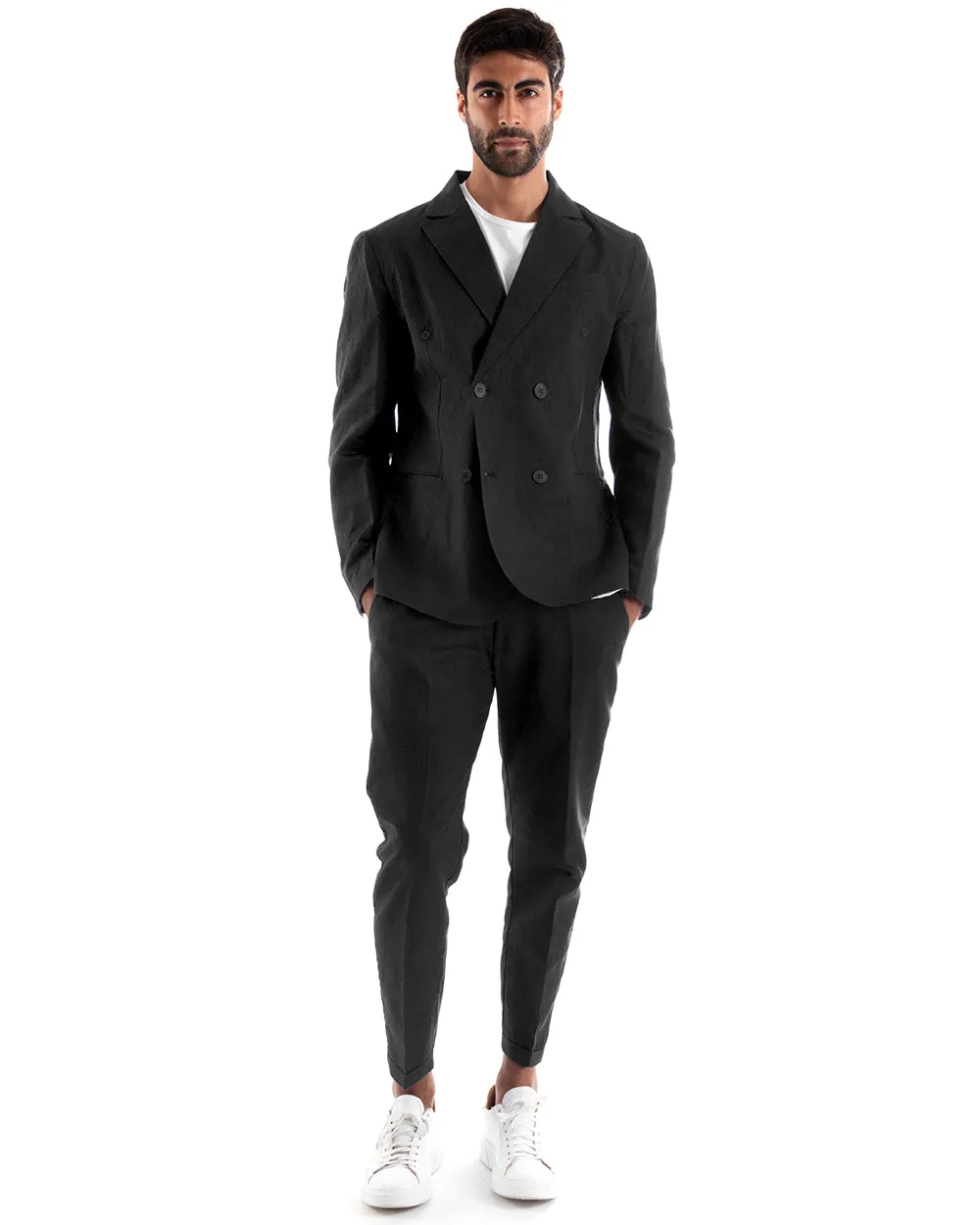 Abito Uomo Doppiopetto Vestito Lino Completo Giacca Pantaloni Tinta Unita Nero Elegante Sartoriale Cerimonia GIOSAL-AE1066A