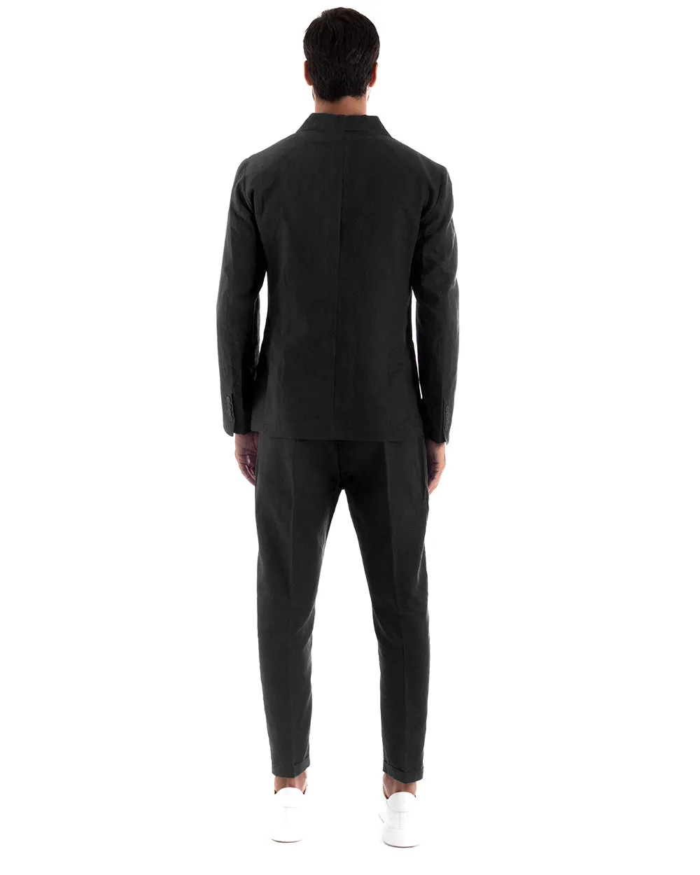 Abito Uomo Doppiopetto Vestito Lino Completo Giacca Pantaloni Tinta Unita Nero Elegante Sartoriale Cerimonia GIOSAL-AE1066A