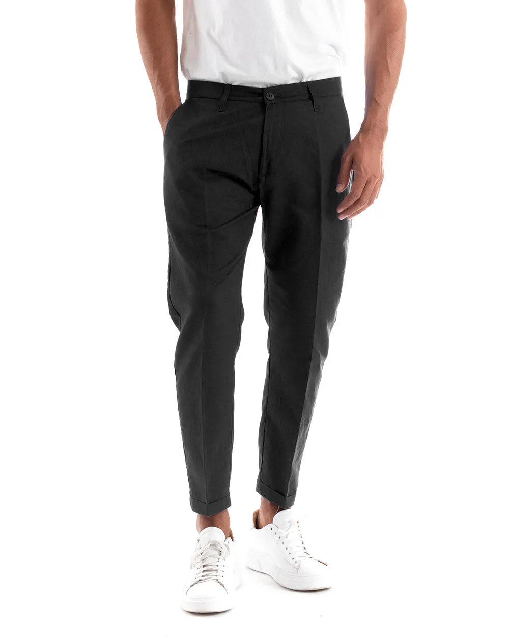 Abito Uomo Doppiopetto Vestito Lino Completo Giacca Pantaloni Tinta Unita Nero Elegante Sartoriale Cerimonia GIOSAL-AE1066A