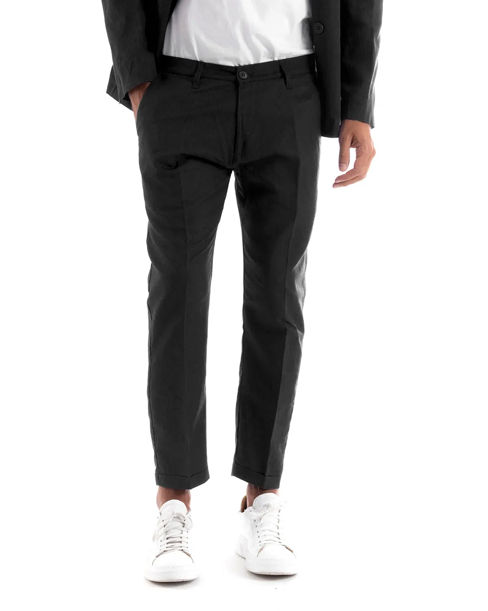 Abito Uomo Doppiopetto Vestito Lino Completo Giacca Pantaloni Tinta Unita Nero Elegante Sartoriale Cerimonia GIOSAL-AE1066A