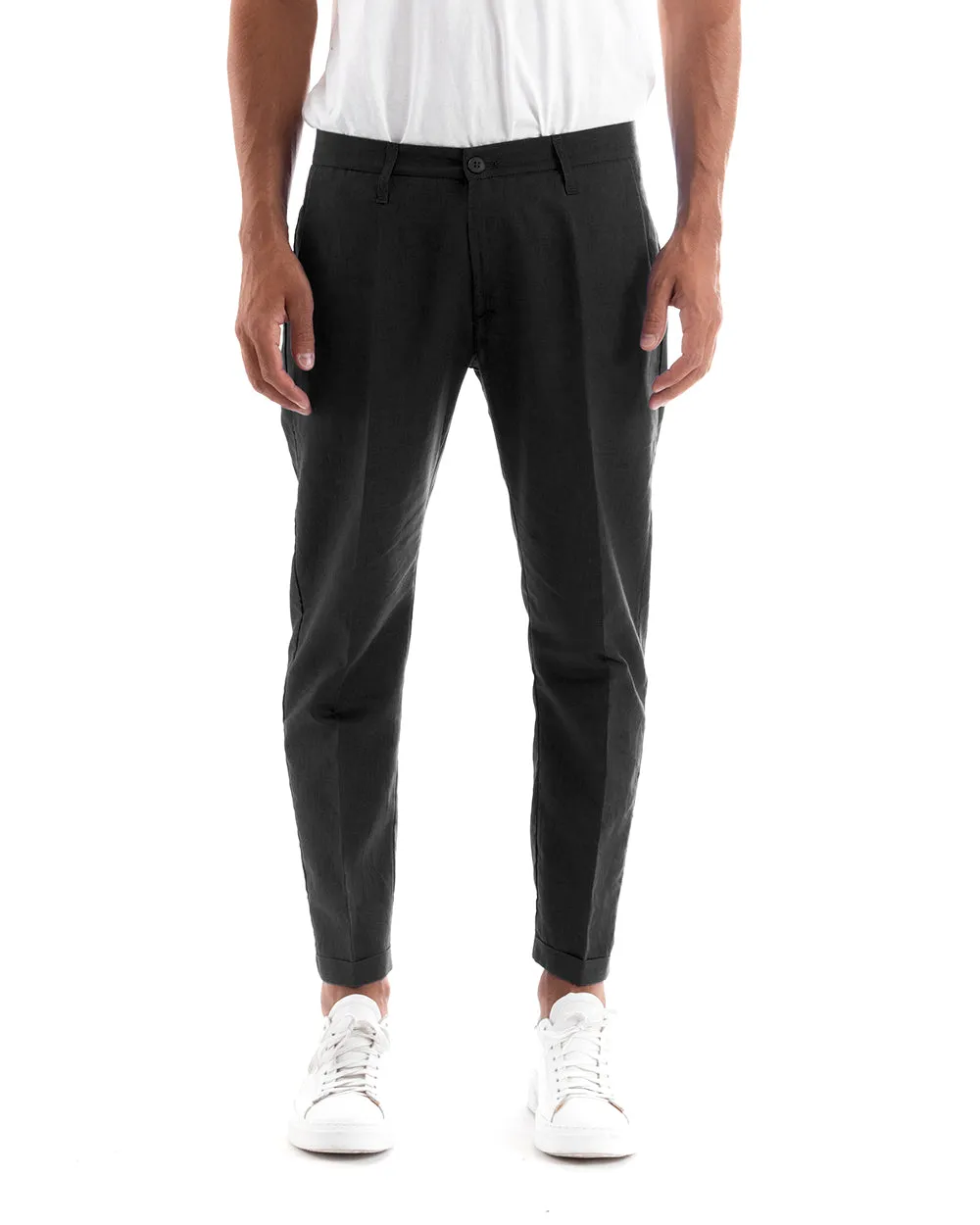 Abito Uomo Doppiopetto Vestito Lino Completo Giacca Pantaloni Tinta Unita Nero Elegante Sartoriale Cerimonia GIOSAL-AE1066A