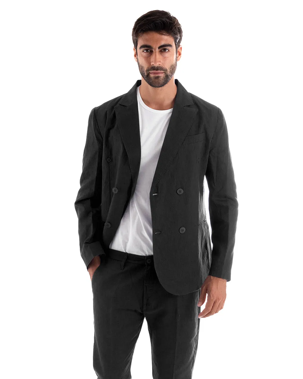 Abito Uomo Doppiopetto Vestito Lino Completo Giacca Pantaloni Tinta Unita Nero Elegante Sartoriale Cerimonia GIOSAL-AE1066A