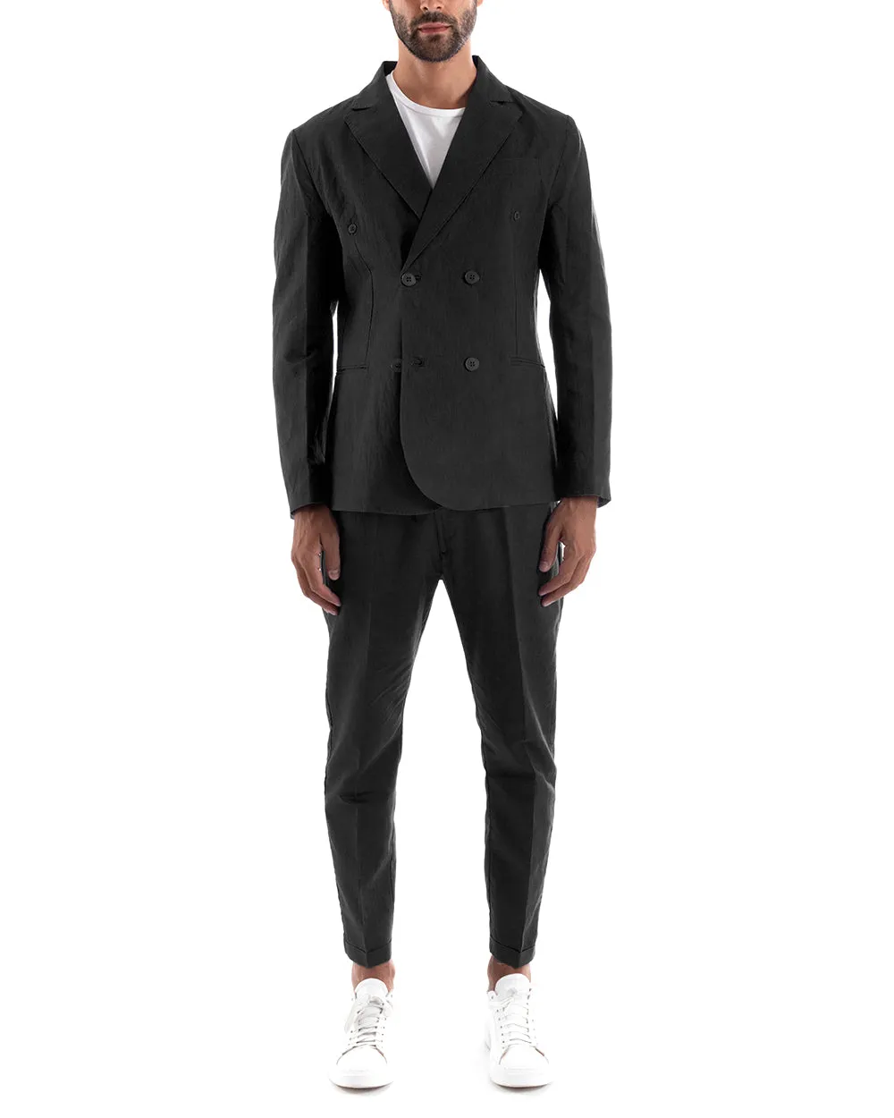 Abito Uomo Doppiopetto Vestito Lino Completo Giacca Pantaloni Tinta Unita Nero Elegante Sartoriale Cerimonia GIOSAL-AE1066A