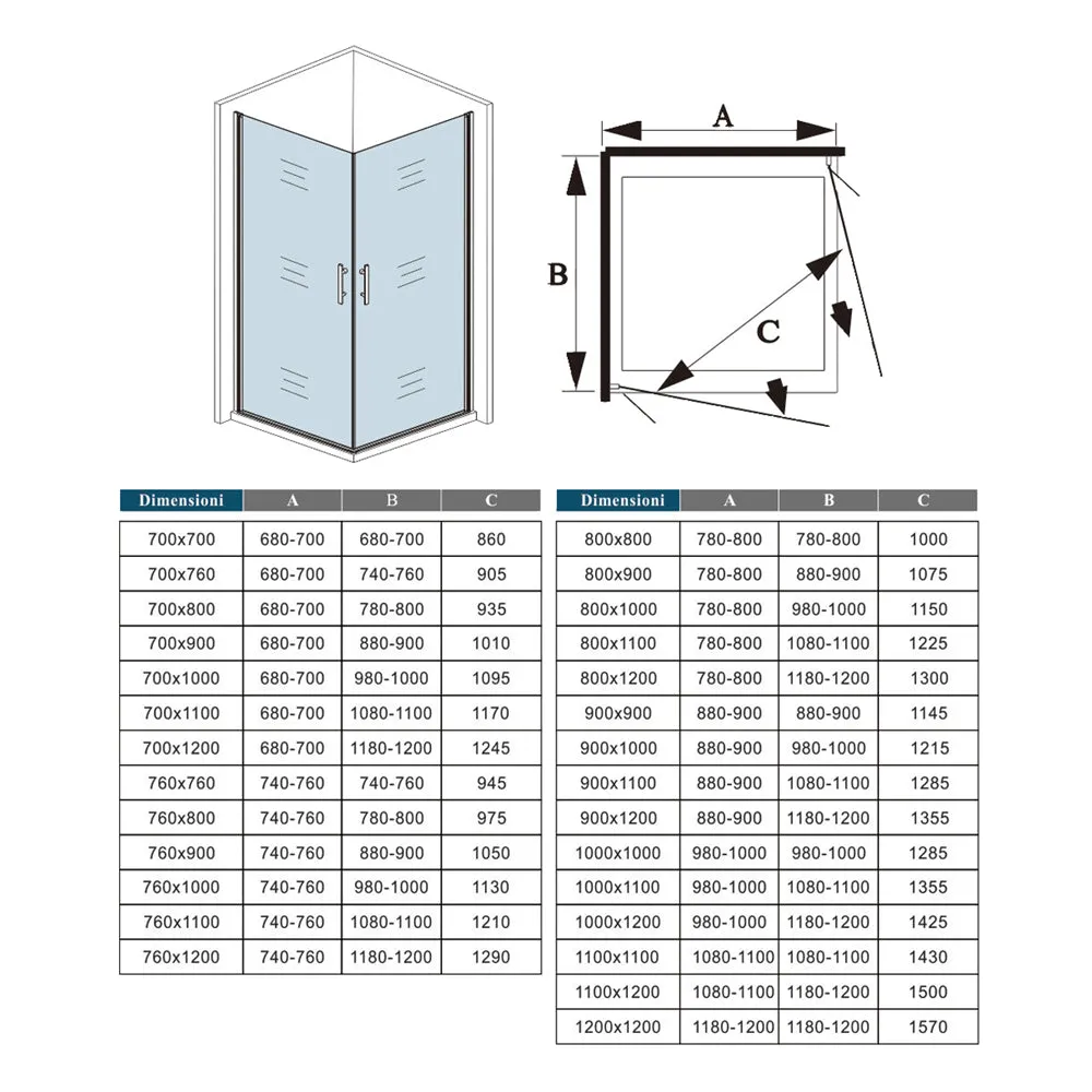 Aica 185cm Box Doccia Angolare Due Porte a Battente Rotazione Di 180 Gradi Vetro Temperato 6mm Anticalcare Trasparente varie dimensioni