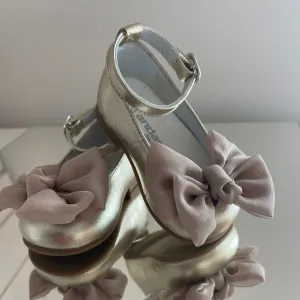 ANDANINES Ballerine eleganti laminado Champagne con fiocco e plantare anatomico