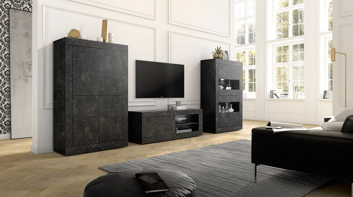 Birty - Porta tv moderno con anta e vano in legno marmo nero cm 140x43x56h