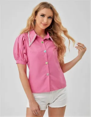 Camicia Donna Colletto Perle Bottoni Gioiello Mezza Manica Sbuffo Casual Elegante