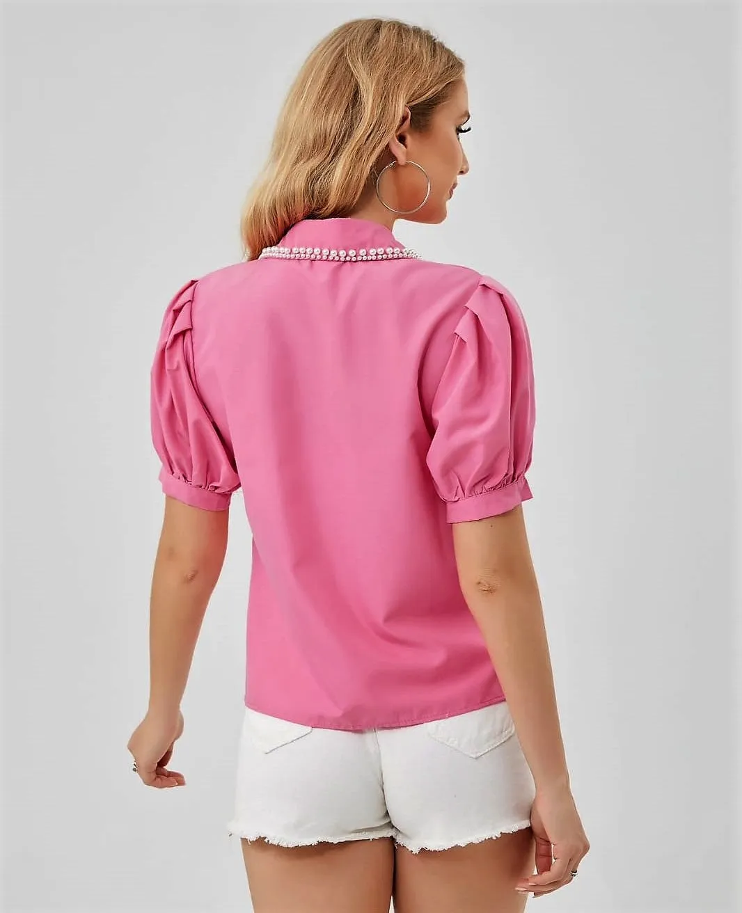 Camicia Donna Colletto Perle Bottoni Gioiello Mezza Manica Sbuffo Casual Elegante