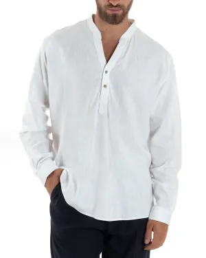 Camicia Maniche Lunghe Uomo Lino Regular Fit Collo Serafino Alla Coreana Casual Tinta Unita Bianco GIOSAL-C2865A