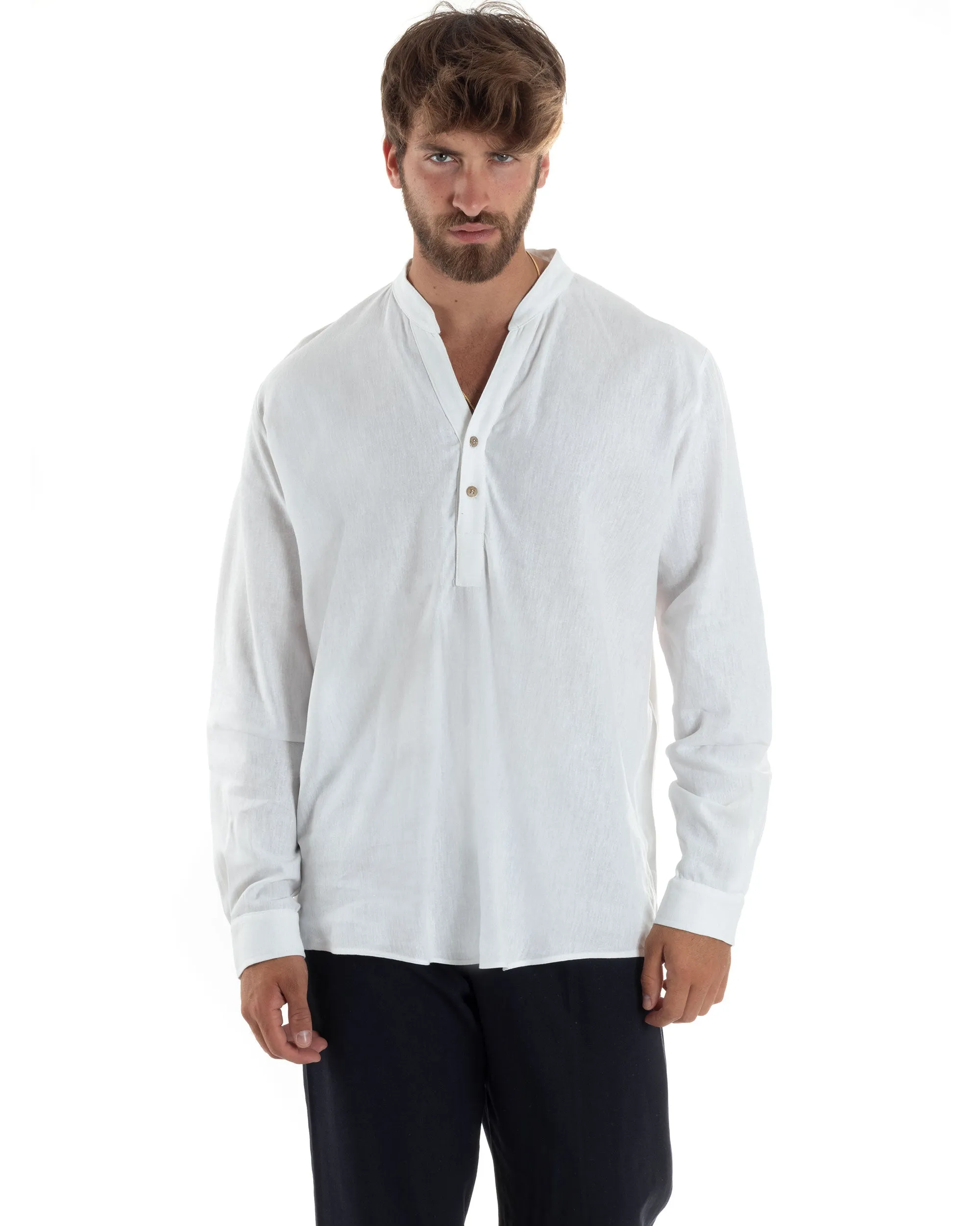 Camicia Maniche Lunghe Uomo Lino Regular Fit Collo Serafino Alla Coreana Casual Tinta Unita Bianco GIOSAL-C2865A