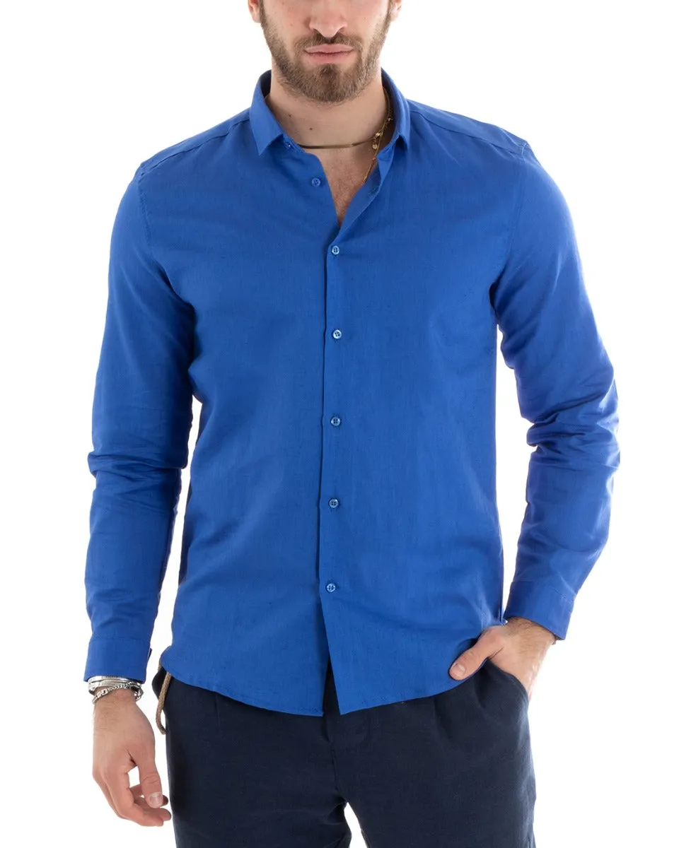 Camicia Uomo Con Colletto Tinta Unita Blu Royal Lino Manica Lunga Casual Sartoriale GIOSAL-C2717A