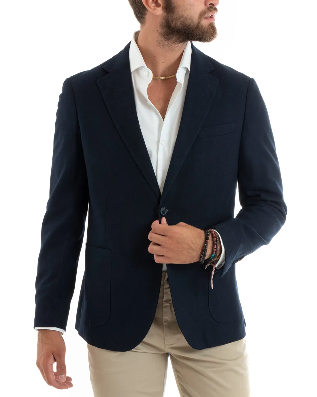 Giacca Uomo Blazer Basic Monopetto Rever Classico Impunturato Tinta Unita Blu Casual GIOSAL-G3085A