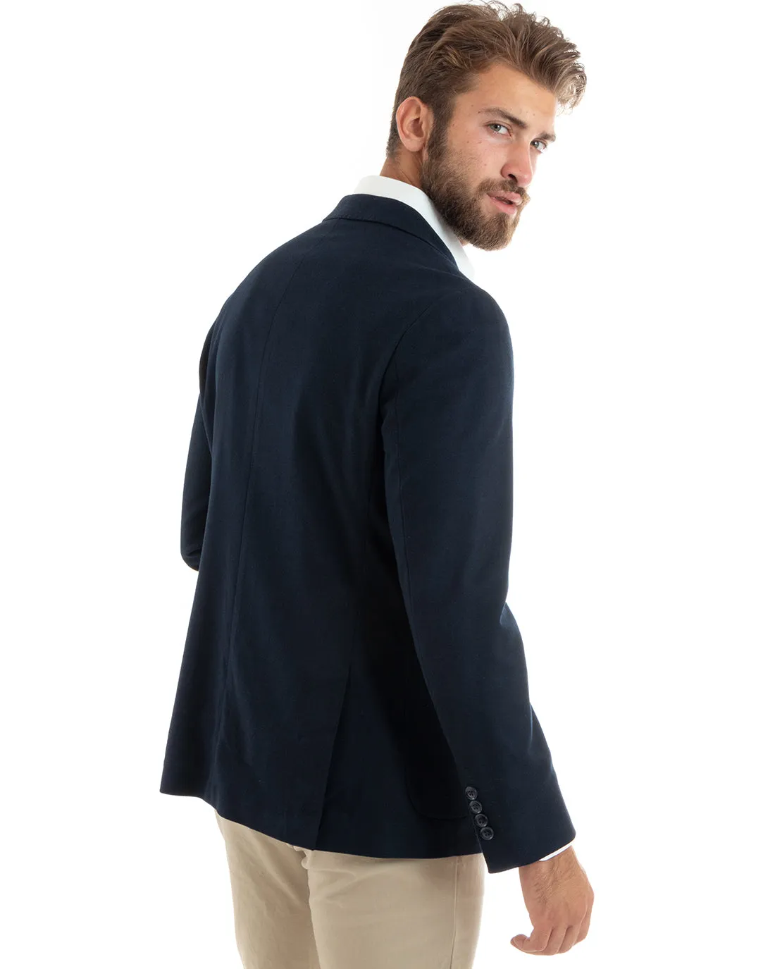 Giacca Uomo Blazer Basic Monopetto Rever Classico Impunturato Tinta Unita Blu Casual GIOSAL-G3085A