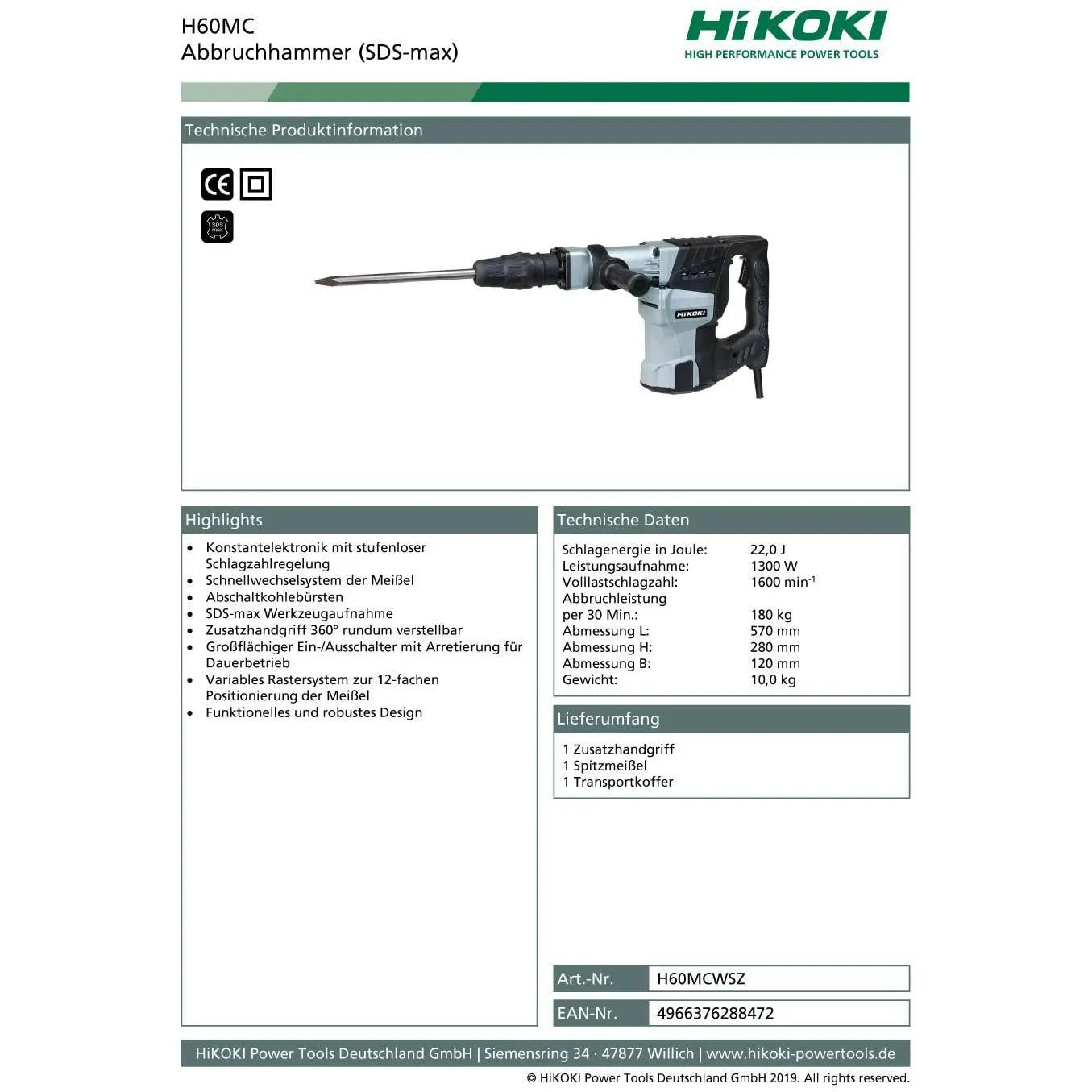 Hikoki - Martello Demolitore H60MC 1.250 W 14 J (Epta), 1250 W, 230 V