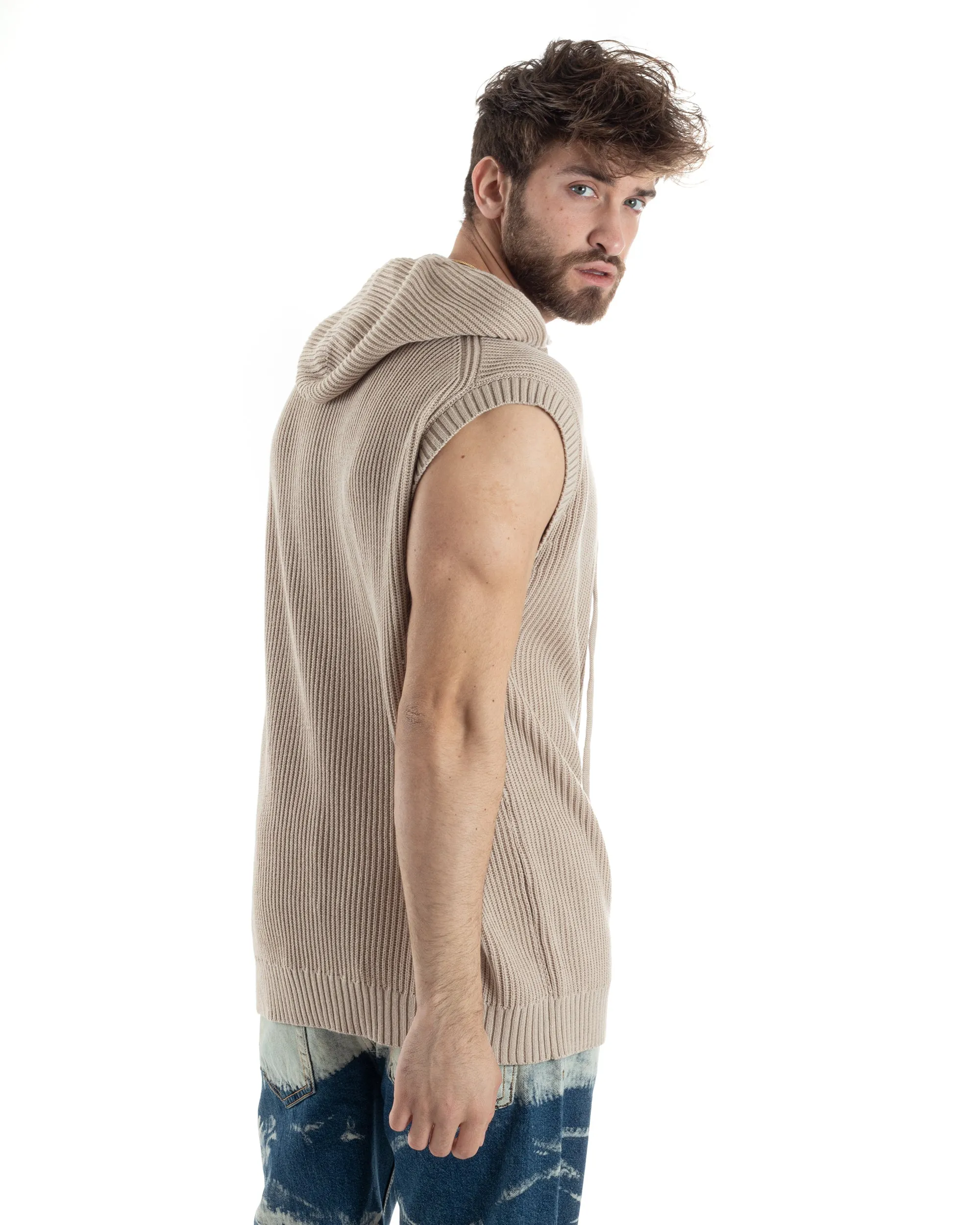 Maglia Gilet Uomo Maglioncino Con Cappuccio Smanicato Basic Casual Tinta Unita Beige GIOSAL-M2831A