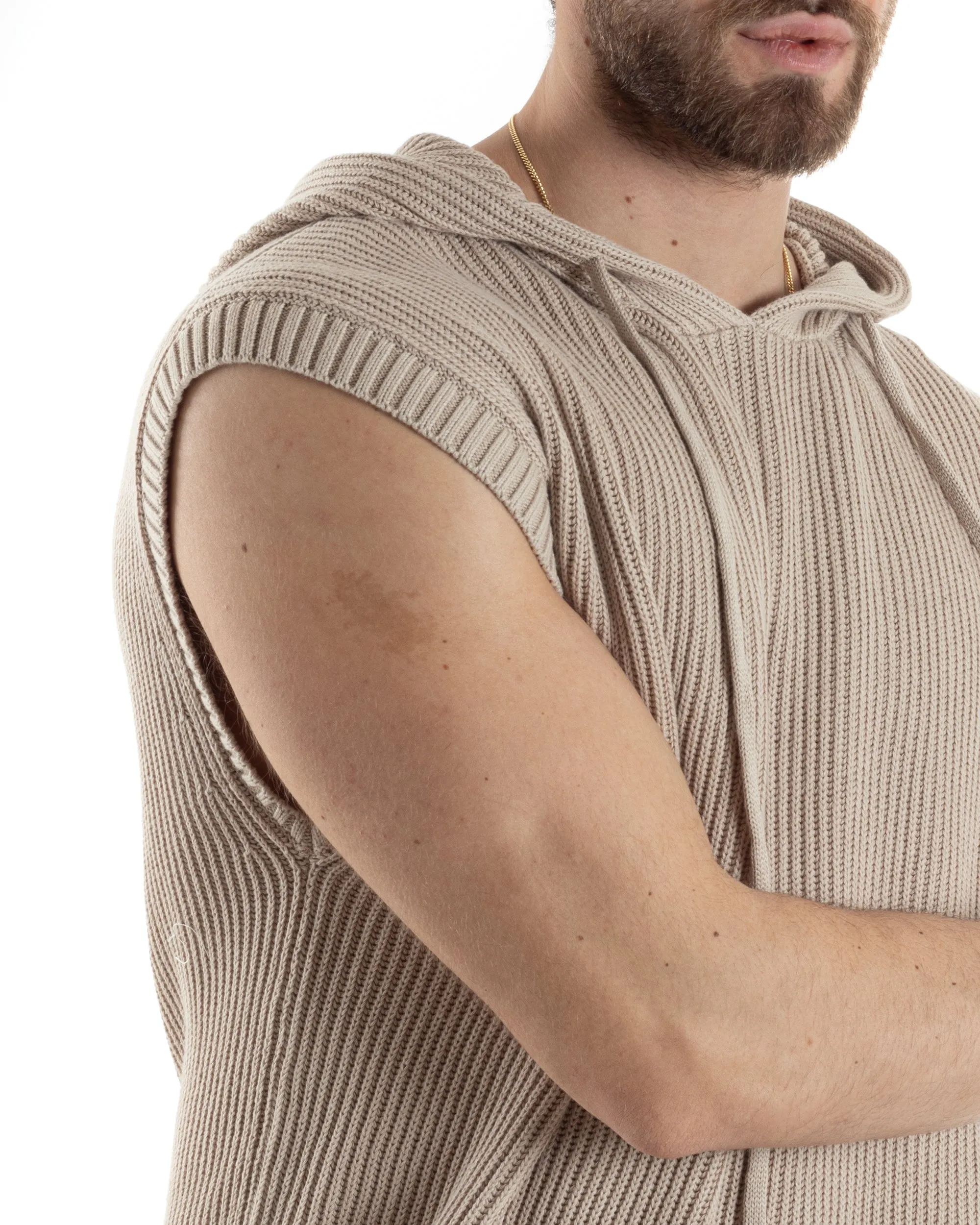 Maglia Gilet Uomo Maglioncino Con Cappuccio Smanicato Basic Casual Tinta Unita Beige GIOSAL-M2831A