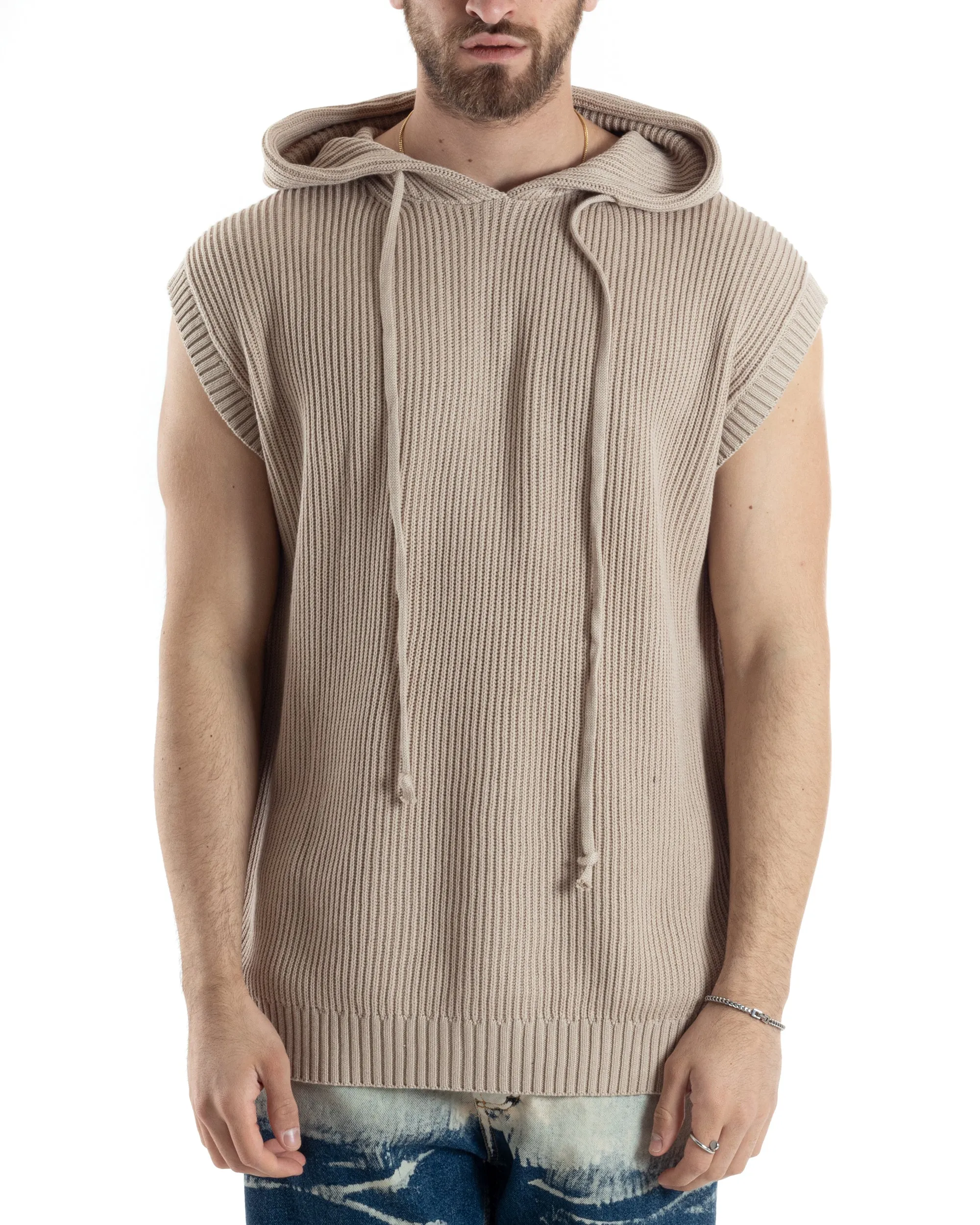 Maglia Gilet Uomo Maglioncino Con Cappuccio Smanicato Basic Casual Tinta Unita Beige GIOSAL-M2831A