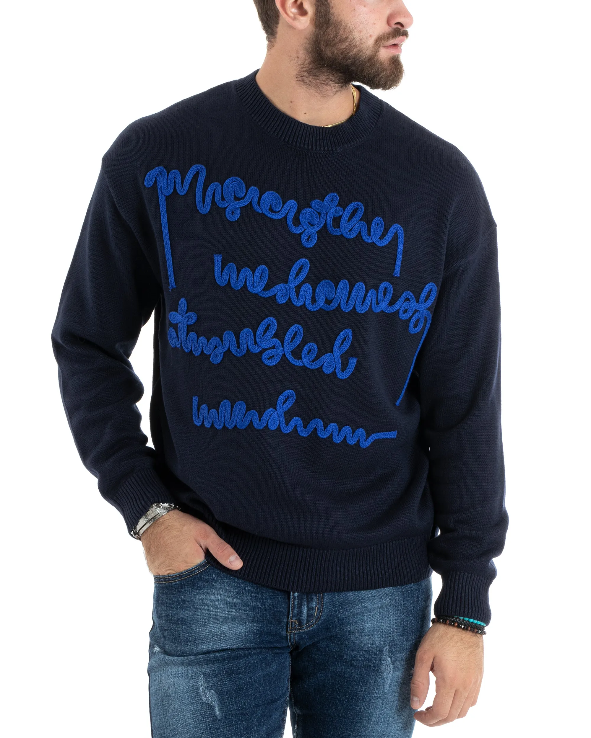 Maglioncino Uomo Girocollo Maglia Blu Maglione Over Scritta Ricamata GIOSAL-M2729A