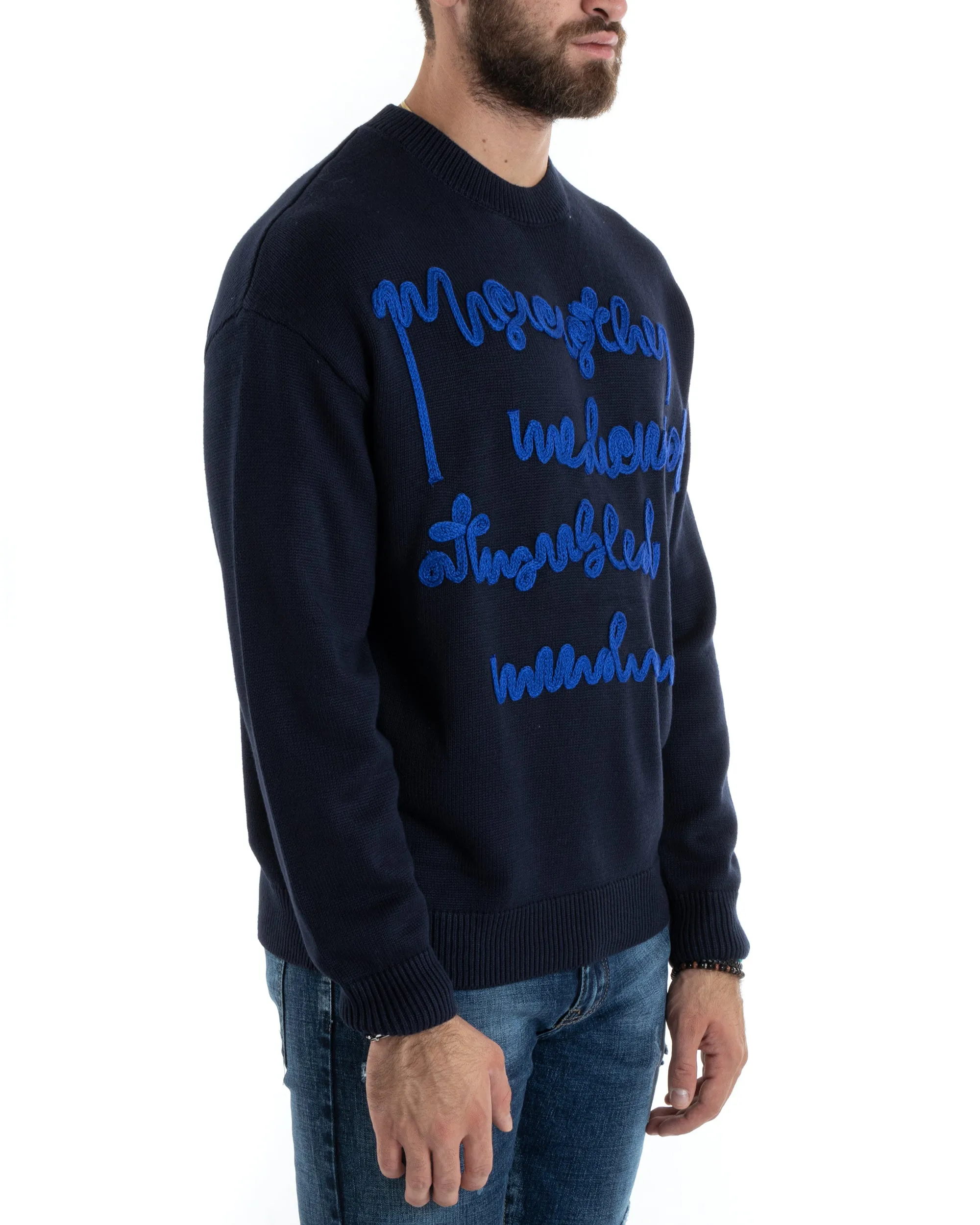 Maglioncino Uomo Girocollo Maglia Blu Maglione Over Scritta Ricamata GIOSAL-M2729A