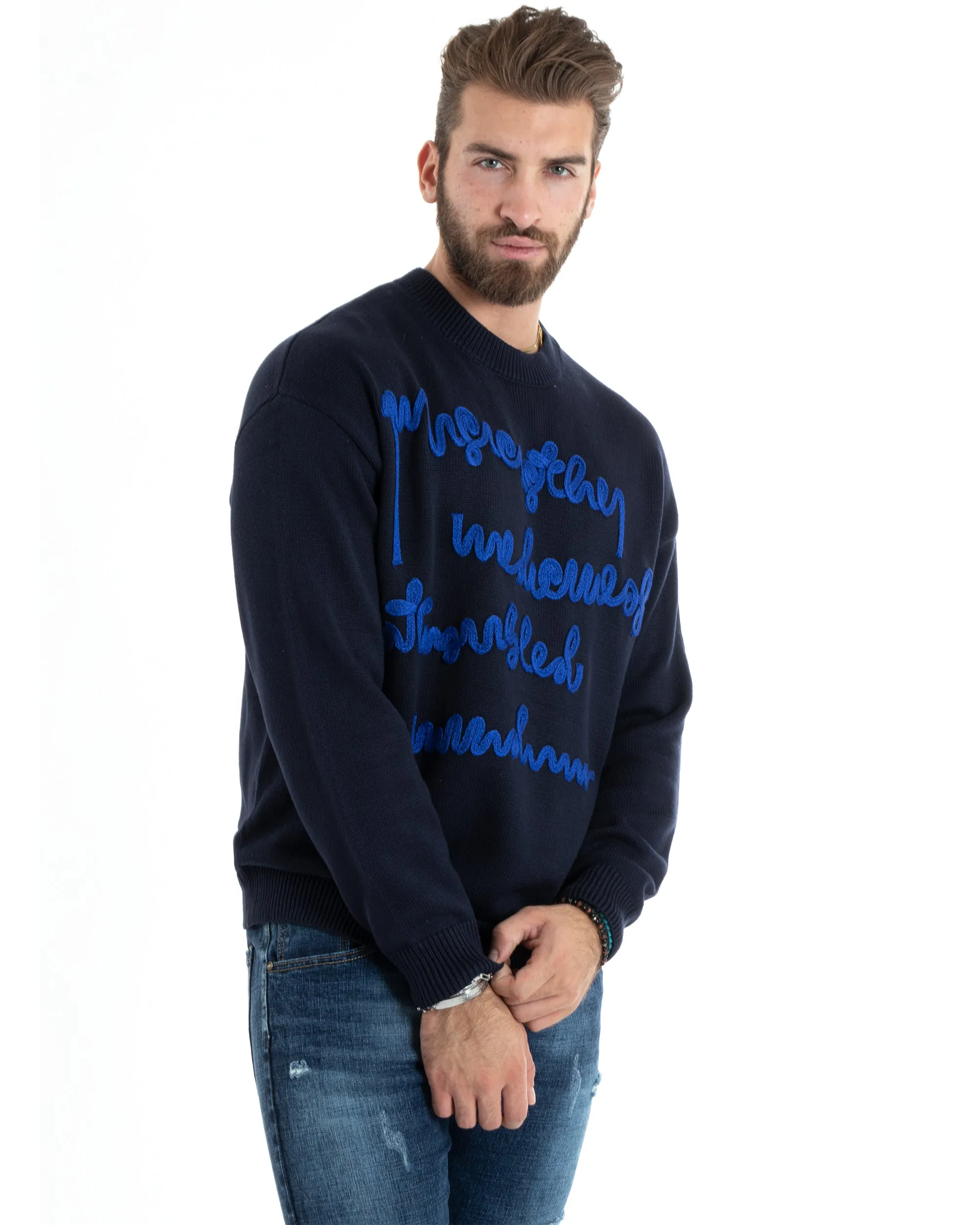 Maglioncino Uomo Girocollo Maglia Blu Maglione Over Scritta Ricamata GIOSAL-M2729A