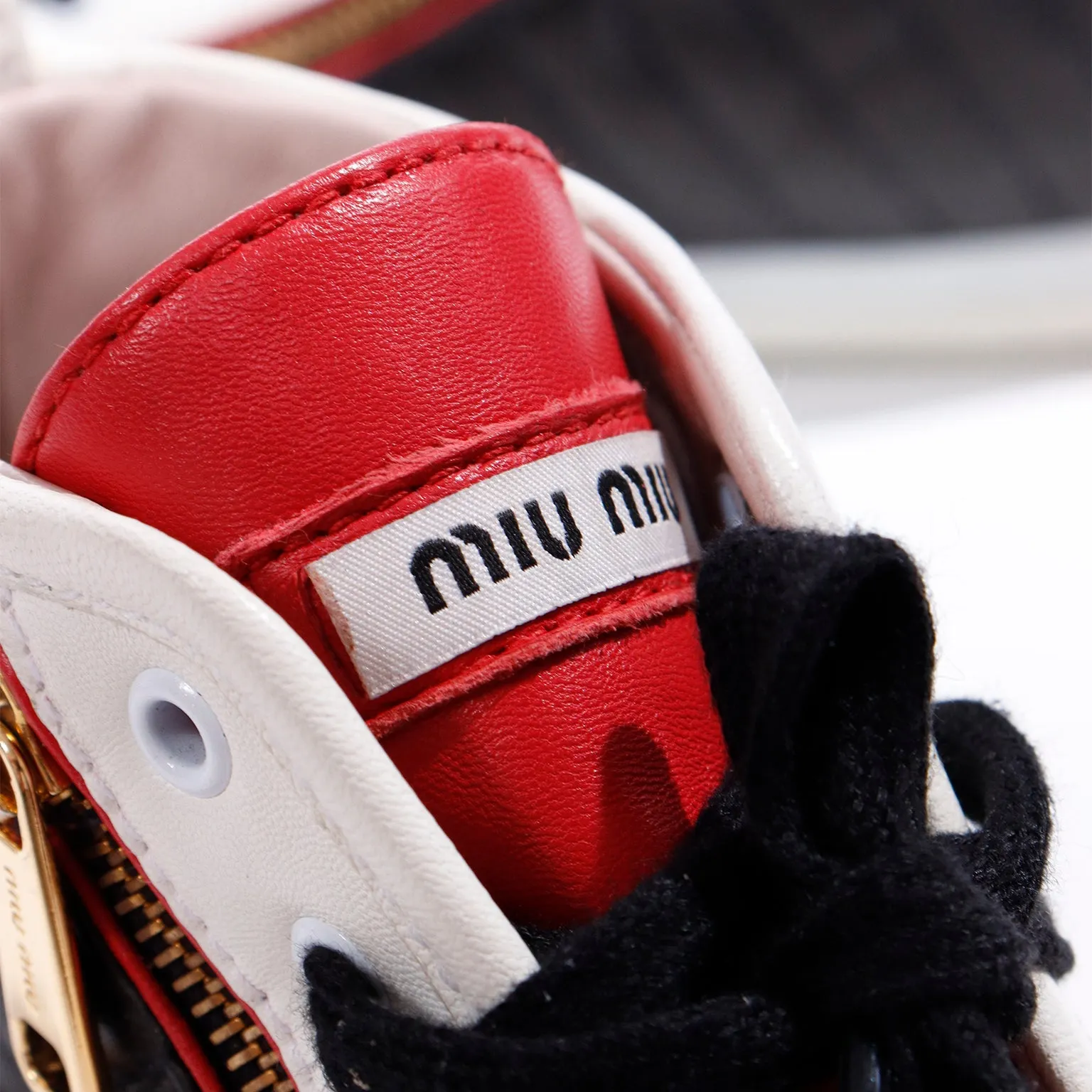 Miu Miu Red White & Black Pointed Toe High Top Nappa Biker Sneakers