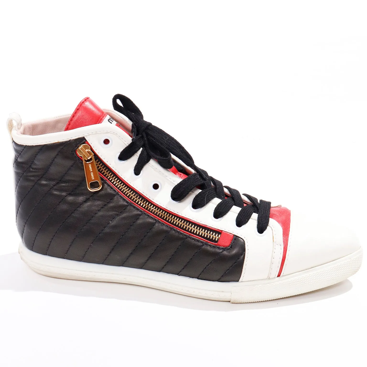 Miu Miu Red White & Black Pointed Toe High Top Nappa Biker Sneakers