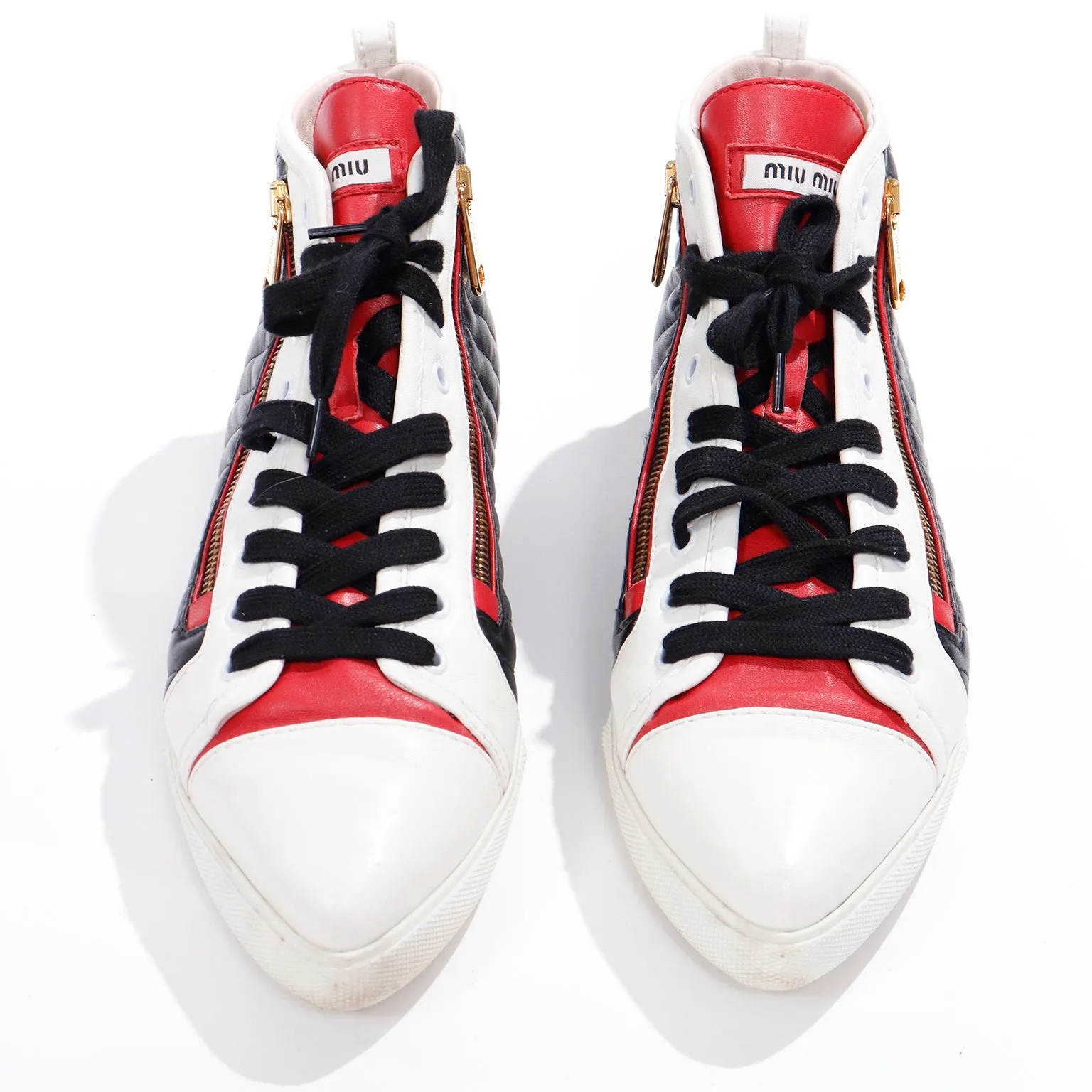 Miu Miu Red White & Black Pointed Toe High Top Nappa Biker Sneakers