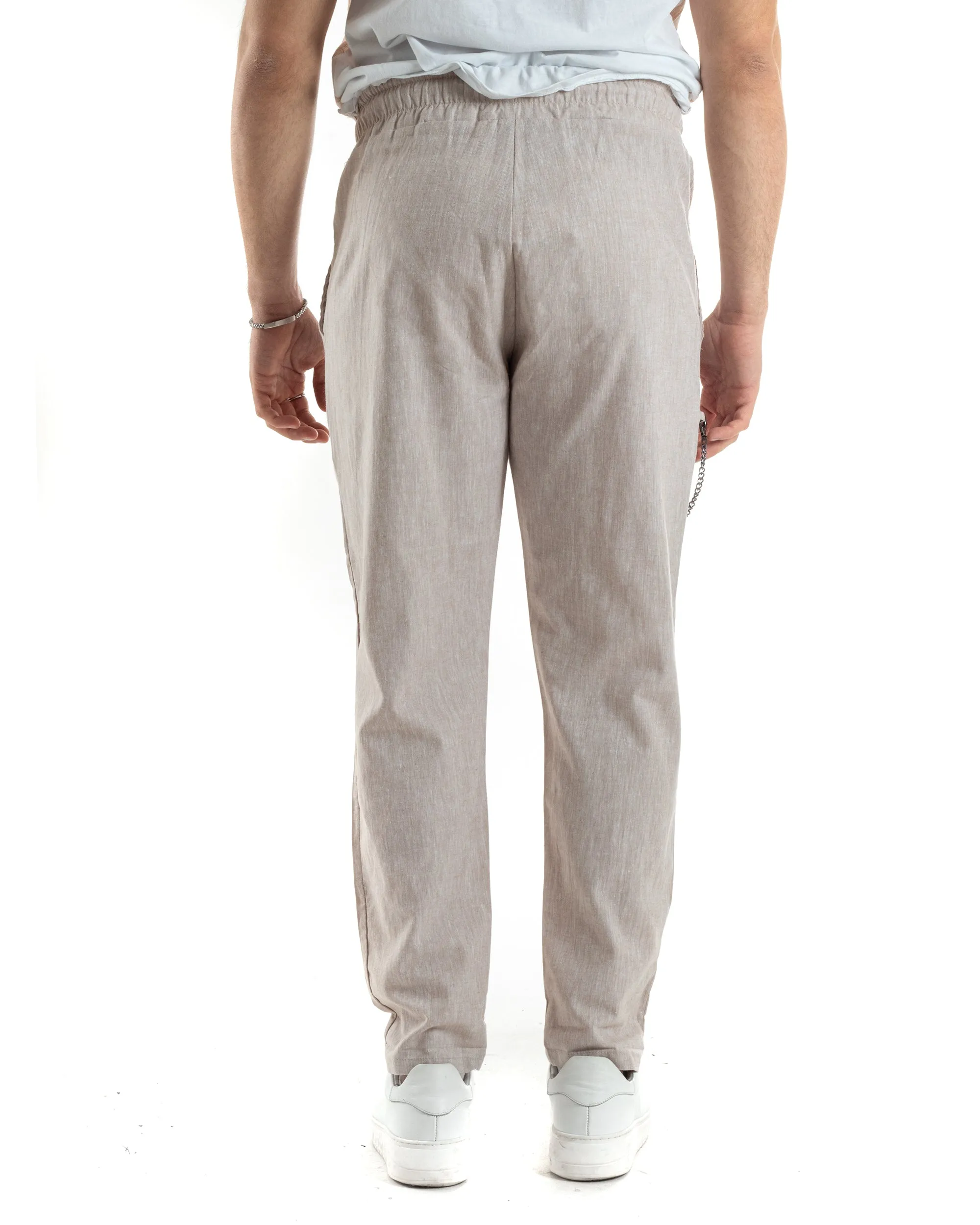 Pantaloni Uomo Pantalaccio Lino Jogger Elastico Sartoriale Casual Tinta Unita Beige Melangiato GIOSAL-P6066A