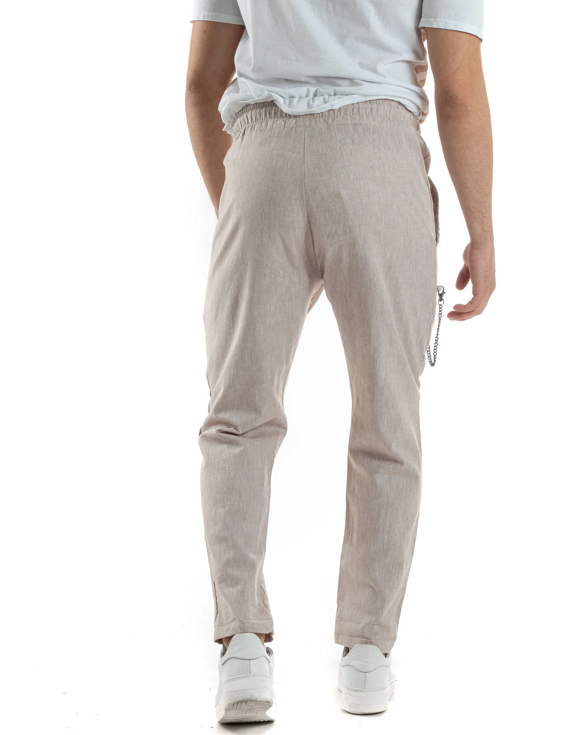 Pantaloni Uomo Pantalaccio Lino Jogger Elastico Sartoriale Casual Tinta Unita Beige Melangiato GIOSAL-P6066A