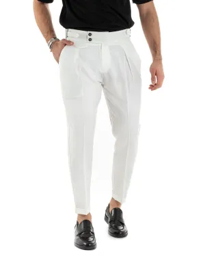 Pantaloni Uomo Tasca America Abbottonatura Allungata Classico Viscosa Fibbia Casual Bianco GIOSAL-P5625A