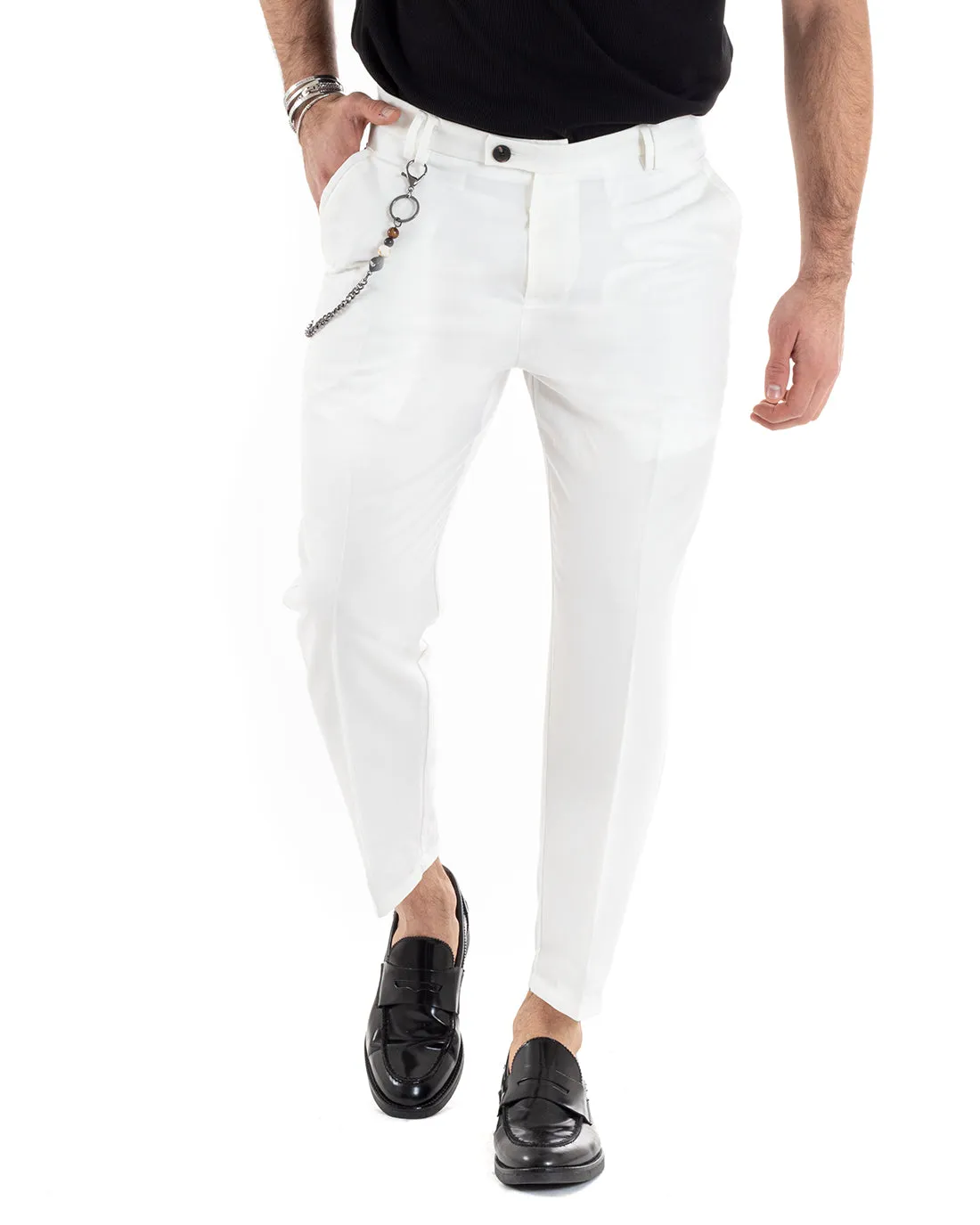 Pantaloni Uomo Viscosa Tasca America Bianco Abbottonatura Allungata Capri Sartoriale GIOSAL-P5979A