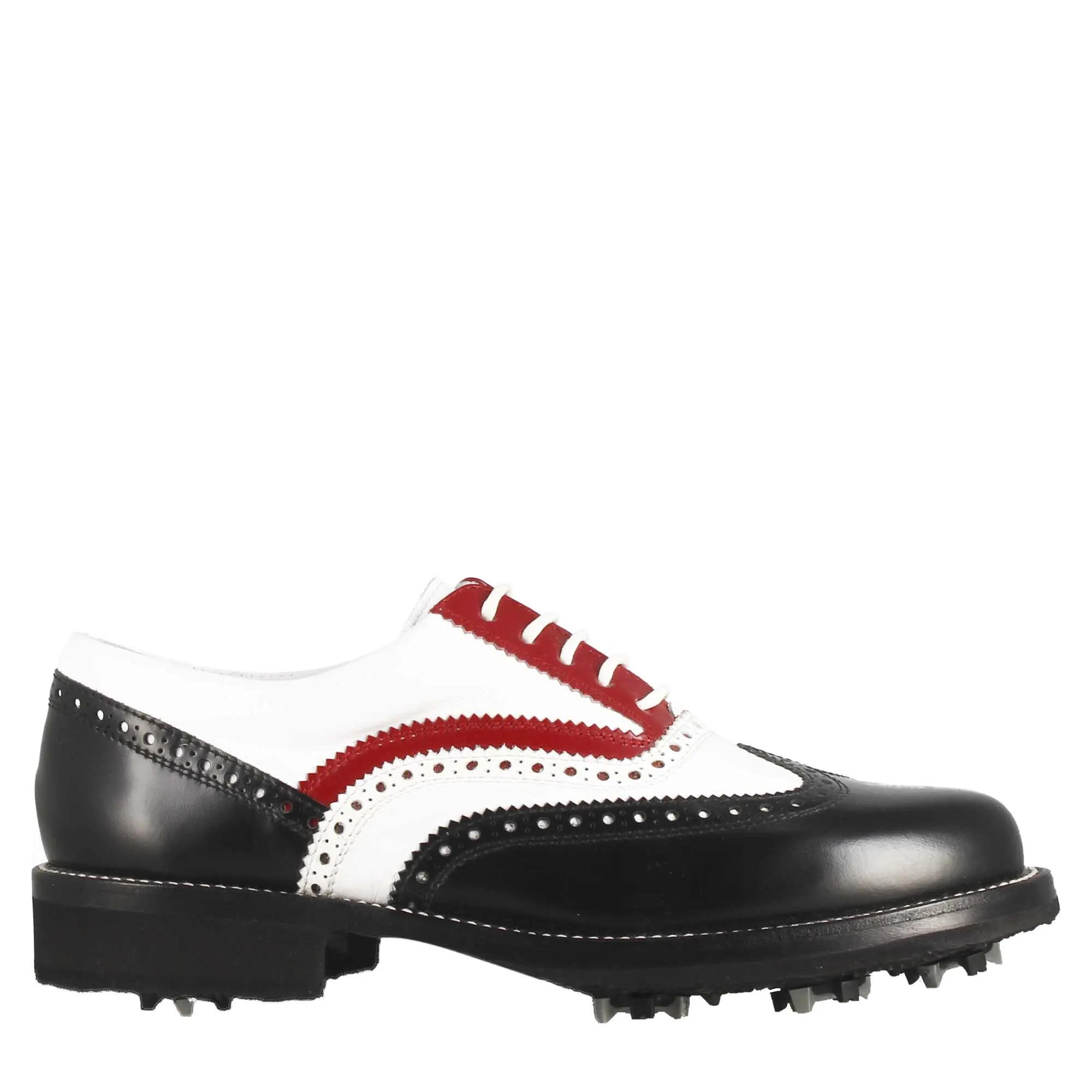 Scarpe da golf donna artigianali in pelle pieno fiore nero/bianco/rosso