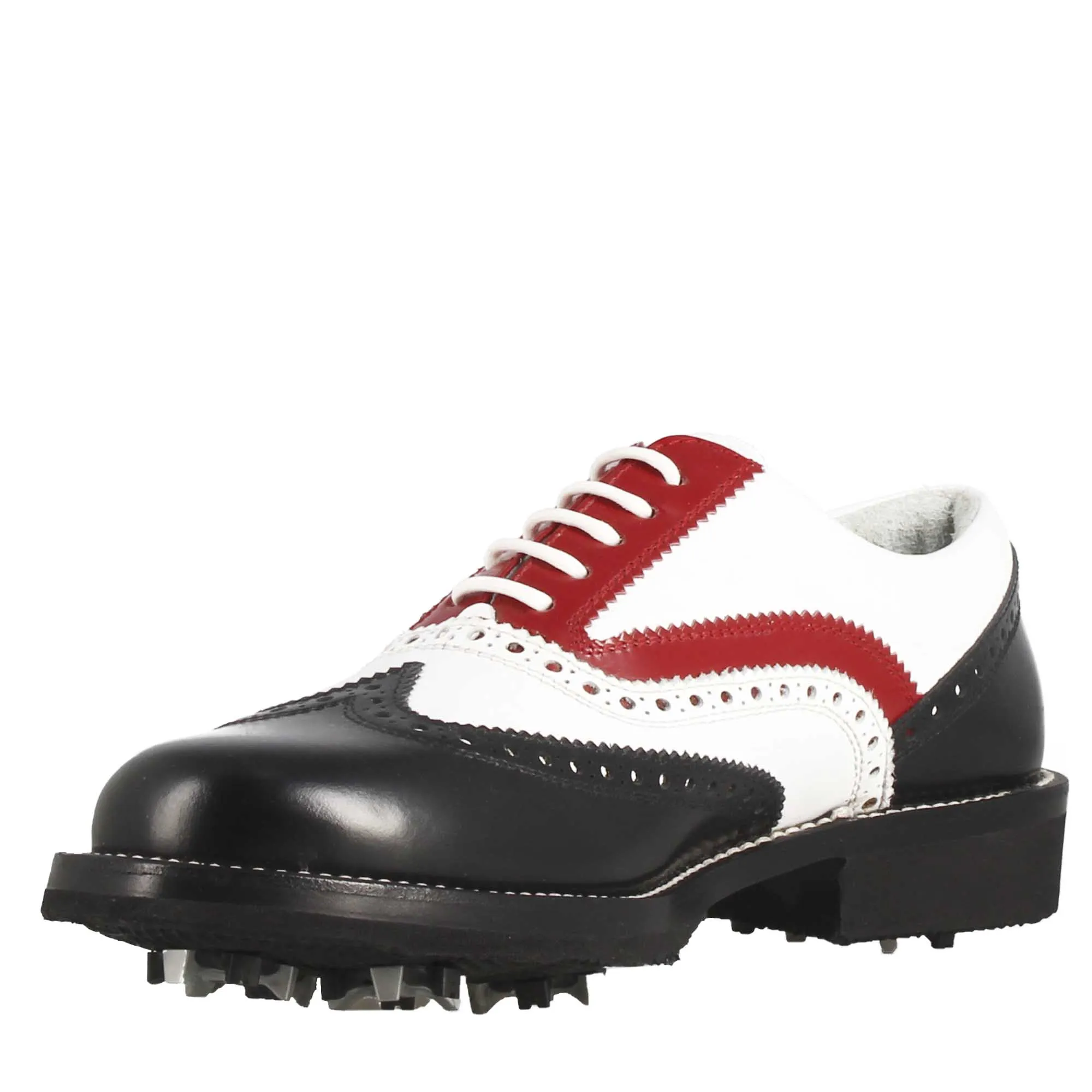 Scarpe da golf donna artigianali in pelle pieno fiore nero/bianco/rosso