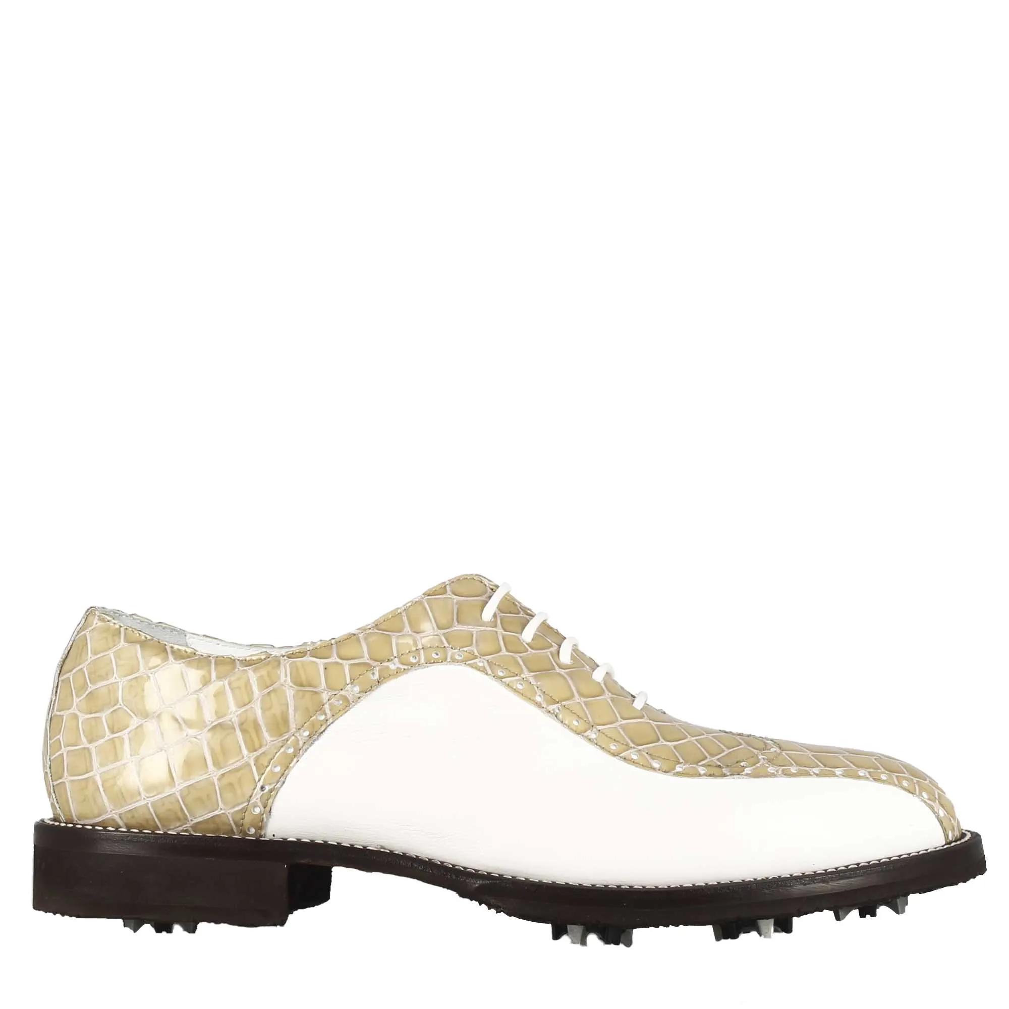 Scarpe da golf uomo in pelle bicolore bianca e beige con stampa cocco