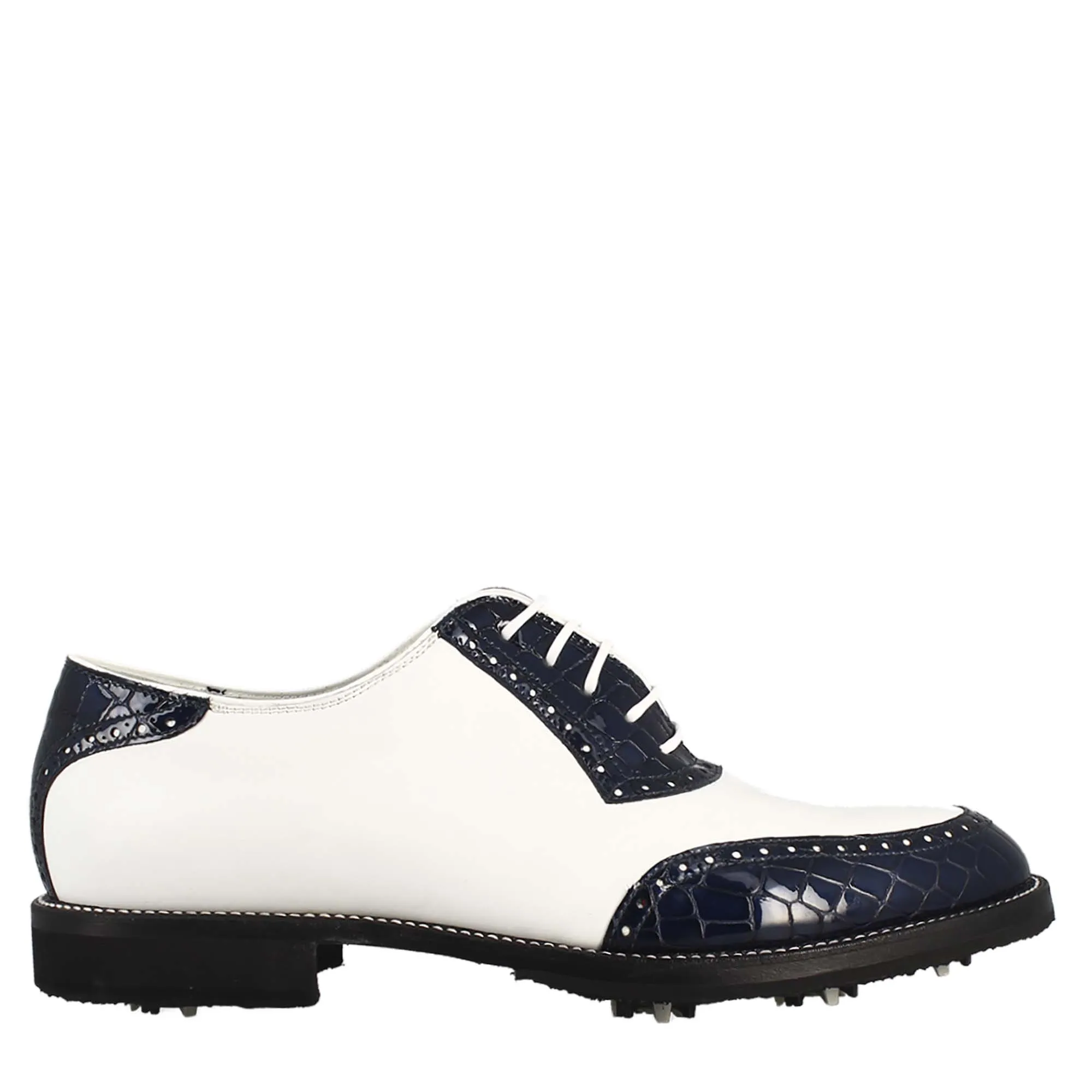 Scarpe golf da donna artigianali in pelle bianco e cocco blu