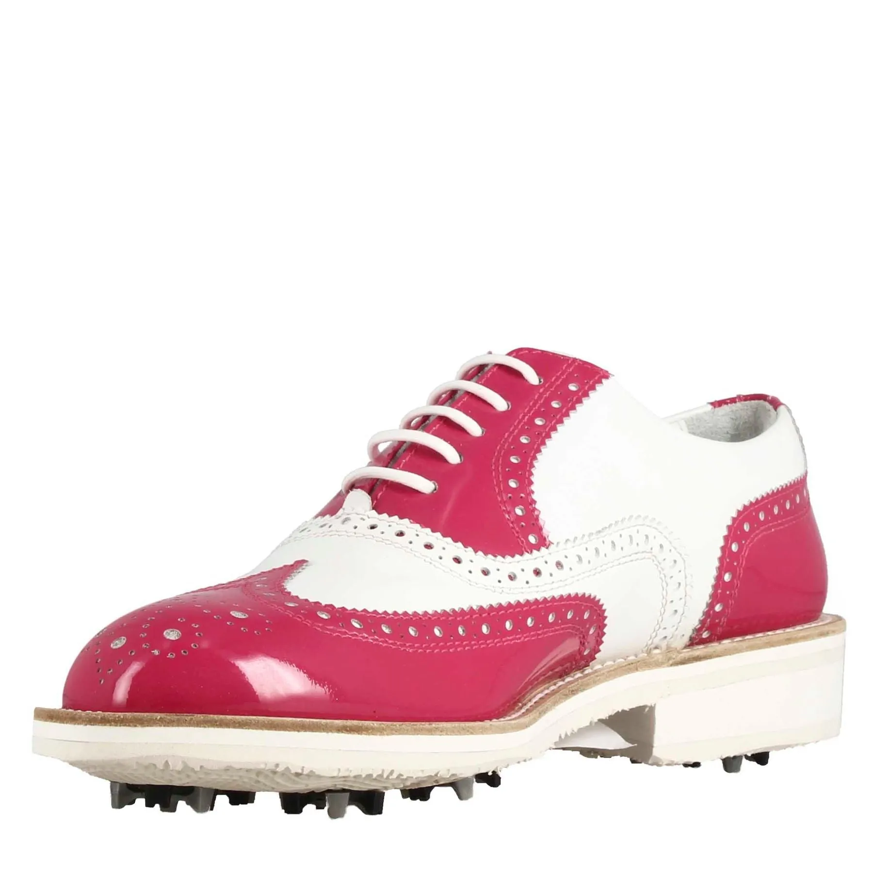 Scarpe golf da donna fatte a mano in pelle lucida colore bianco rosa.