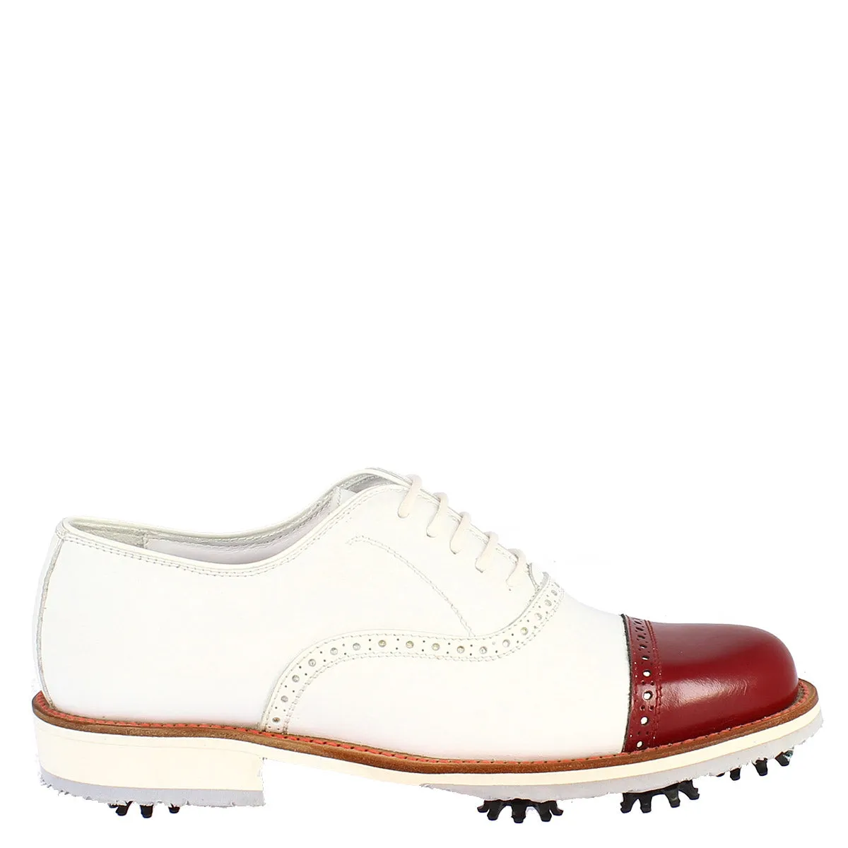 Scarpe golf donna artigianali in pelle bianco con puntale rosso