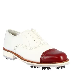 Scarpe golf donna artigianali in pelle bianco con puntale rosso